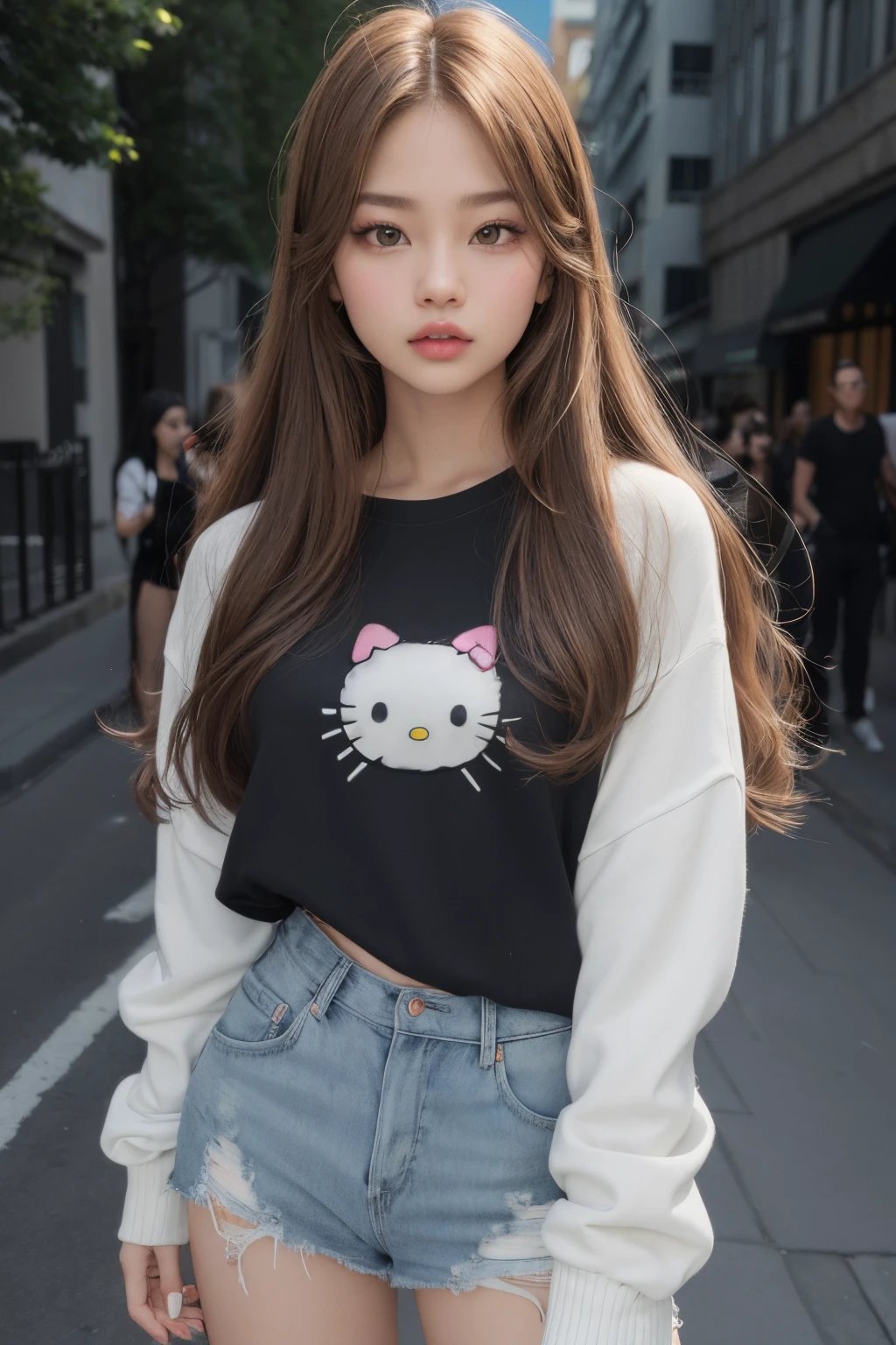 1girl, Jennie de blackpink, parada con disfraz de hello Kitty sexy, ropa dibujada, Ojo de estrella, sonrojarse, perfect ilumination, Brown-haired, ojos verdes, Motor irreal, sidelit, Cara detallada, piel brillante, Fondo simple.