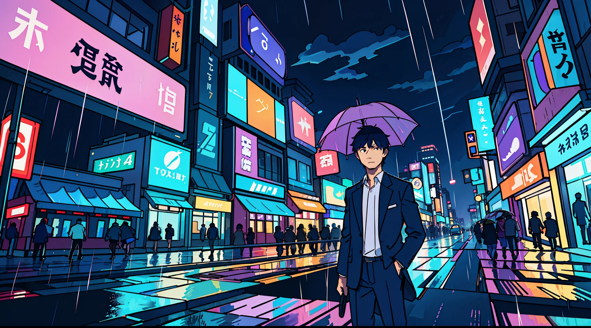 Landscape Photography(Seen from below、Sky above、Downhill)、Bright downtown、Sparkling neon lights、TOKYOcity、Fantastic、a man leaning on his car 、A light、Lots of Purples and Oranges、intricate detailes、Volume Lighting BREAK (masterpiece: 1.2)、(top-quality)、4K、ultra-detailliert、(The composition of the movement: 1.4)、Rich in details and colors、Sateen、rain is falling、rain cloud、Holding an umbrella in the rain