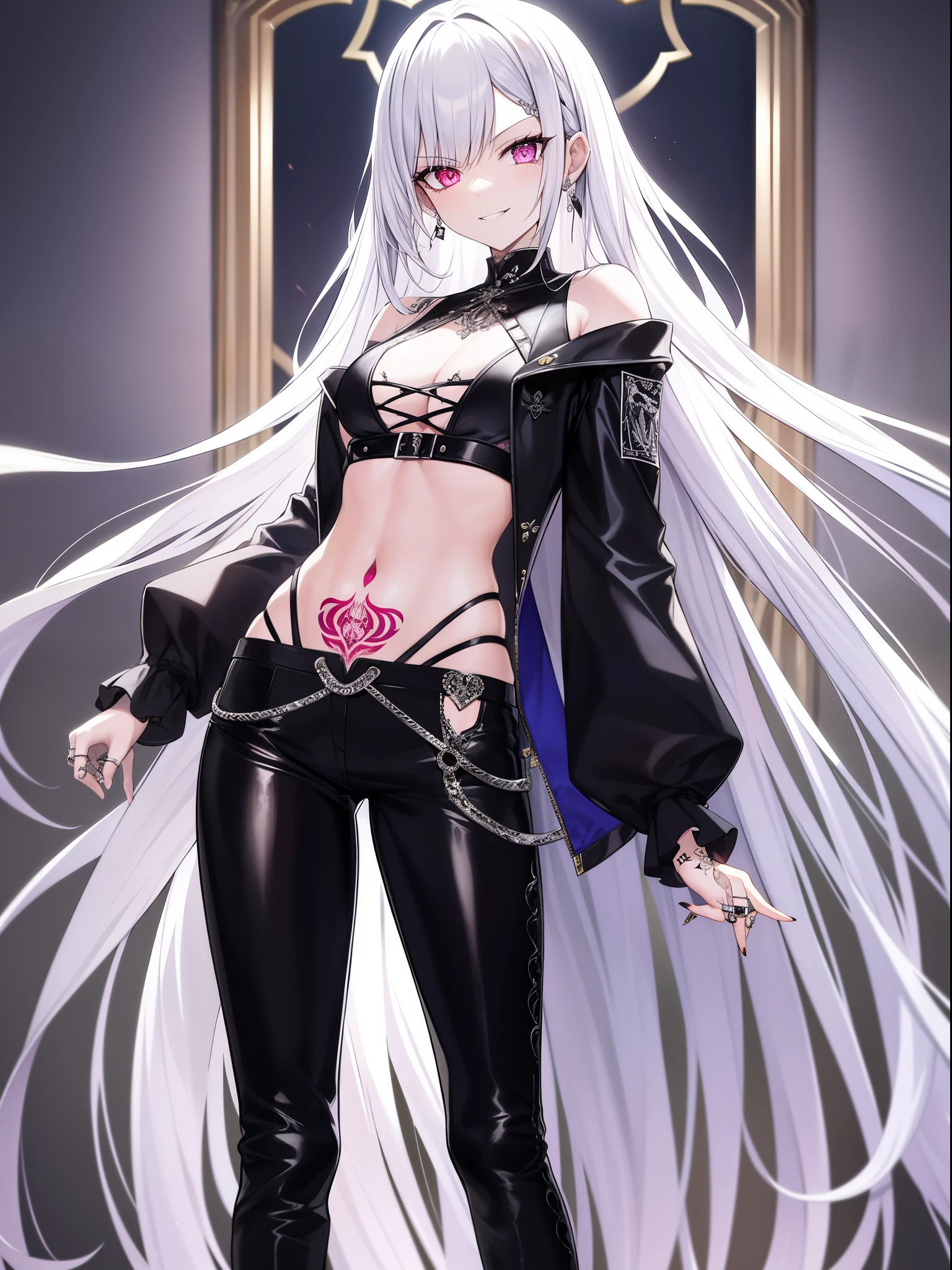 masutepiece, High quality, rich in details, anime girl with long hair and tattoos, 1 7 years old - anime gothic girl, detailed anime character art, gothic shoujo anime girl, Full Body Art, he wears silver-black mirrored leather trousers, the style is similar to a tattoo, he wears an open-belly short suit, decorated with a snake as a symbol, this figure has long silver-white hair, looks very cool, has a bit of a devilish atmosphere, gothic girl aesthetics, badass look, Evil smile, has tattoos, neo-gothic, has rings, Bracelets, Earrings and necklaces