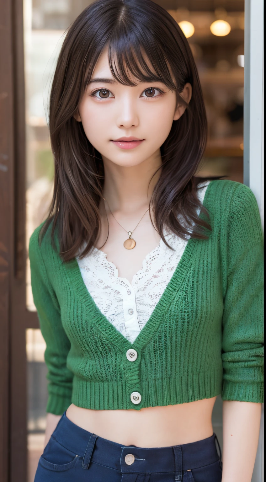 NFSW、masutepiece、masterpiece、1 girl in、(close up of face、cowboy shot)、Straight front view、japanes、very young cute woman、(The cutest girl in the world)、、Smaller face、large full breasts、Autumn knit jacket、Sheer inner、Chiffon skirt、Ultra-detailed costumes、Smiling in a café、Scrunchie、Thin necklace、Glamorous figure、hyper cute face、shiny lip、Double eyelids in both eyes、 natural make up、long eyeslashes、shiny smooth light brown hair、bangss、Short twin tail hair、asymmetrical bangs、image in center、8K分辨率、high détails、Detailed hairstyles、A detailed face、spectacular movie lighting、octane renderings、with a vibrant、Ultra-realistic、Perfect limbs、perfect anatomia
