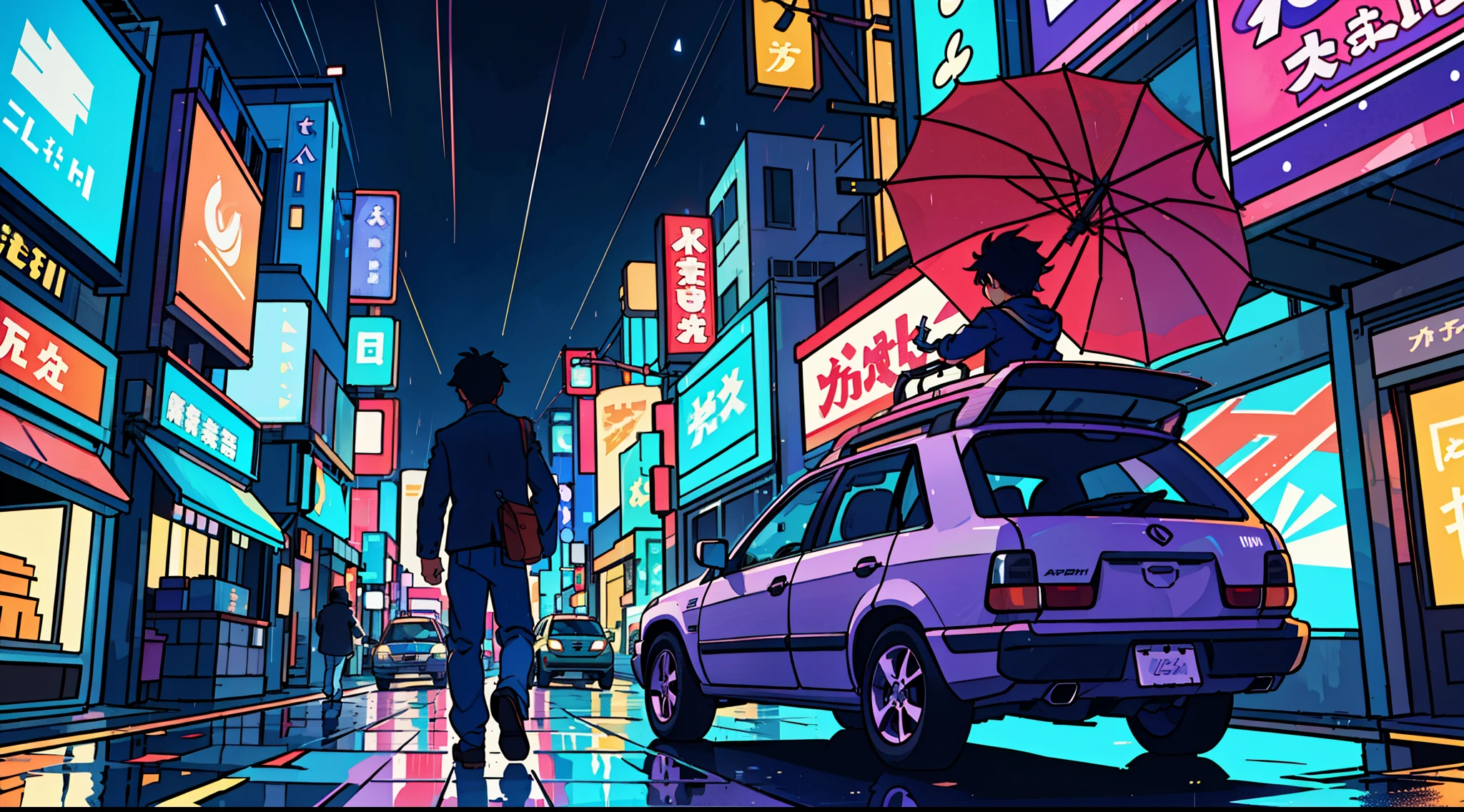 Landscape Photography（Seen from below、Sky above、Downhill）、Bright downtown、Sparkling neon lights、TOKYOcity、Fantastic、a man leaning on his car 、A light、Lots of Purples and Oranges、intricate detailes、Volume Lighting BREAK (​masterpiece: 1.2)、(top-quality)、4K、ultra-detailliert、(The composition of the movement: 1.4)、Rich in details and colors、Sateen、rain is falling、rain cloud、Holding an umbrella in the rain