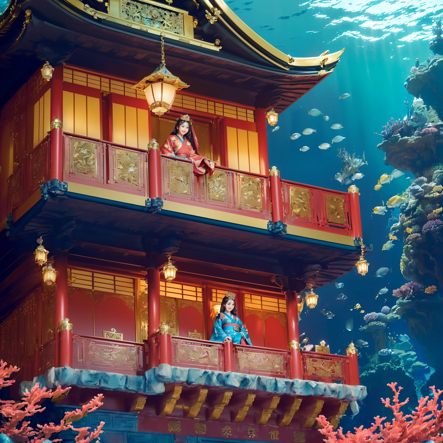 ((top-quality、masutepiece、8K、Top image quality、Highly complex and detailed depictions))、((Princess、i&#39;i&#39;I&#39;m in a castle under the sea、The detailed and complex interior of the ocean、princess under the sea、slender and large breasts、Shot from near her、photo of her from the waist up、The location is Deep Sea Castle.、She stands on the balcony of the deep sea castle、giant red and gold courtesan costume、A huge long-sleeved kimono with very elaborate decorations、The finest courtesan furisode、A big smile staring at the camera、look at me with the happiest smile、Shot close to the face))、((Castle under the sea、She&#39;On the balcony of the underwater castle、、There are many beautiful corals and fish around the castle..、underwater castle at night、Undersea Japanese Castle Balcony、Niwa lacquered red and gold balcony、Luxury Japanese style balcony、luxury contemporary balcony、intricate Japanese room decoration、the most luxurious decoration、Very intricate and detailed Japanese castle、An incredibly luxurious and glittering castle、Japanese-style submarine castle、Balcony of a floating castle in Japan、Beautiful Niwa lacquered Japanese style red pillar、Niwa lacquered Japanese castle balcony、Intricate and perfect decoration of the castle、Gold decoration of Niwa-nuri Castle、Luxurious Japanese castle in red and gold、Castle lit up、A luxurious Japanese-style balcony overlooking the sea、Luxurious royal balcony under the sea、the most detailed and complex ocean、Many tropical fish swim、Intricate coral reef and lots of sea anemones、Detailed explanation of sea creatures、Perfect reproduction of the beautiful sea))、((Colossal, Intricate and sparkling necklace、The finest giant tiara))、(Detailed ocean depiction、The most realistic and complex backgrounds、Complex and detailed background))