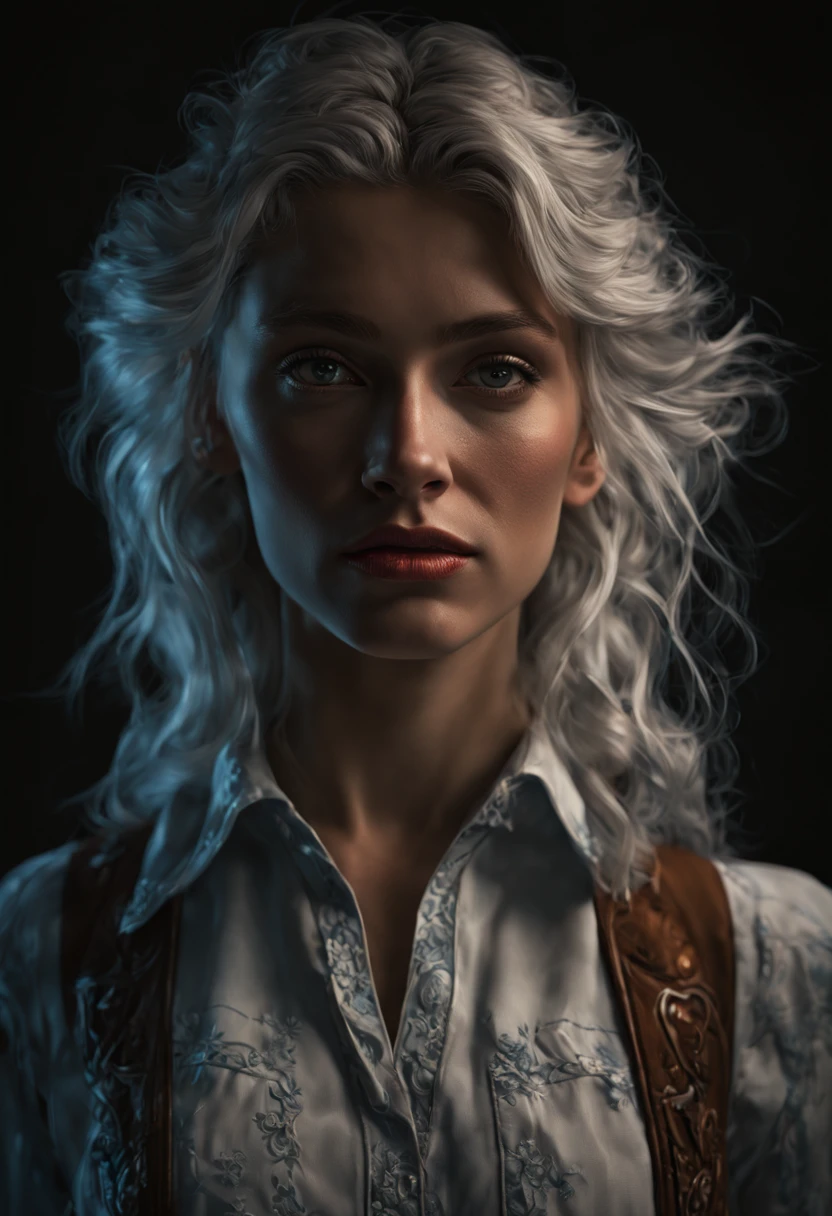 (front focus), (in the dark:1.6), Hyperrealist portrait of female by david hockney and alphonse mucha, fantasy art, photo realistic, dynamic lighting, artstation, poster, volumetric lighting, very detailed faces, 4 k, award winning, 1girl, in the dark, deep shadow, low key, cowboy shot, (sexy outfit), long hair, white hair