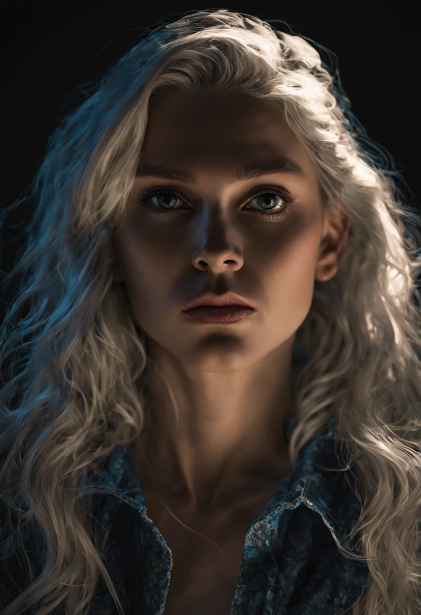 (front focus), (in the dark:1.6), Hyperrealist portrait of female by david hockney and alphonse mucha, fantasy art, photo realistic, dynamic lighting, artstation, poster, volumetric lighting, very detailed faces, 4 k, award winning, 1girl, in the dark, deep shadow, low key, cowboy shot, (sexy outfit), long hair, white hair