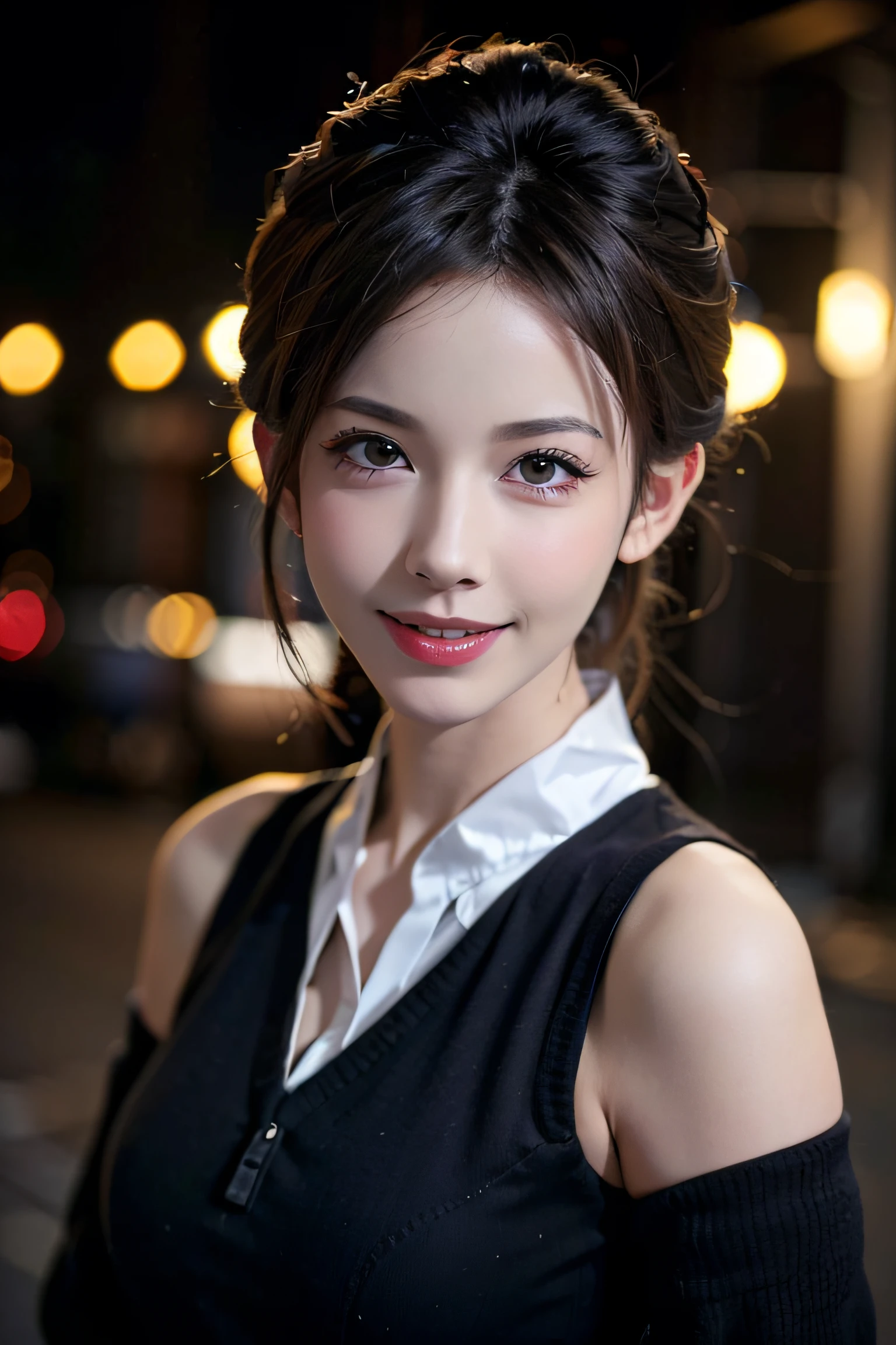 Top quality, 8K, masterpiece, single girl, slim abs beauty, casual hairstyle, big breasts, black suit, business suit, gentleman's clothing, black tie, holding purple bouquet, highly detailed face, delicate eyes, double eyelids, shy, dynamic pose, thighs, smiling anime girl, grey brown hair and blue eyes, Zaat Krenz feminization key art, beautiful woman portrait, detailed digital anime art, high detailed official artwork, detailed anime art, female anime hero portrait,