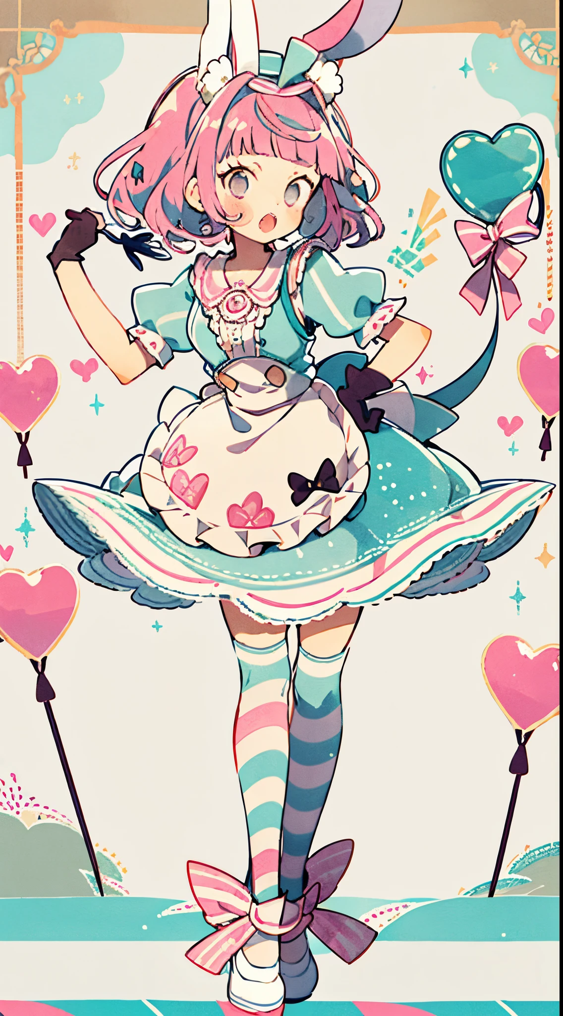 wdhemu, 1girl, solo, looking at viewer, short hair, open mouth, thighhighs, gloves, hat, dress, bow, holding, animal ears, pink hair, flower, short sleeves, heart, hairband, frills, puffy sleeves, indoors, blunt bangs, pink eyes, rabbit ears, :o, puffy short sleeves, fake animal ears, stuffed toy, table, stuffed animal, fishnets, watch, top hat, card, balloon, checkered floor, playing card, pocket watch, lunachan, uekura eku, uekuraeku