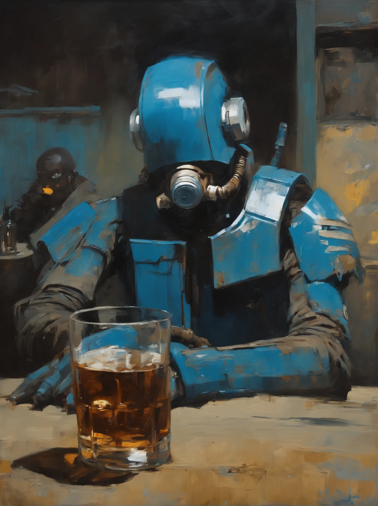 Ashley Wood（Ashley Wood）Realistic paintings created in Van Gogh's unique style，Depicted ((Blue rusty cyborg drinking whiskey in a post-apocalyptic bar)),