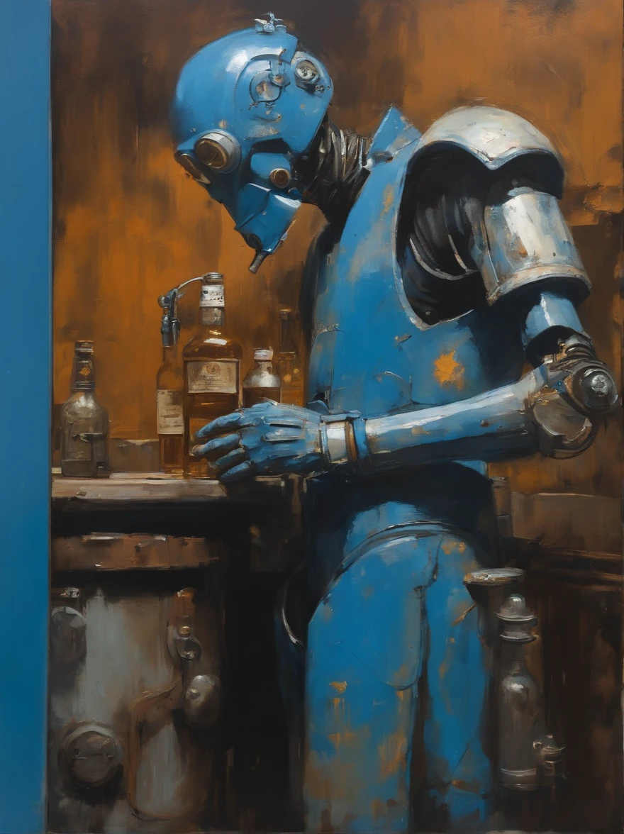 Ashley Wood(Ashley Wood)Realistic paintings created in Van Gogh's unique style,Depicted ((Blue rusty cyborg drinking whiskey in a post-apocalyptic bar)),