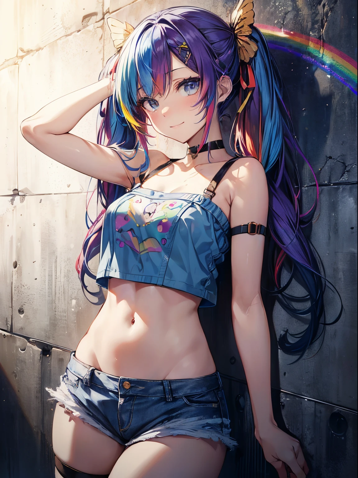 (masutepiece:1.3), (8K, Photorealistic, Raw photo, Best Quality: 1.4), Beautiful face, (Realistic face), Beautiful detailed eyes, (Realistic skin), Attractive, Intricate details,Golden ratio, 1 girl,Naughty smile, (rainbow hair:1.4),((Long twintails,Ribbon 1.4)),(Blue butterfly hair ornament), croptop, Denim shorts, a choker, (doodle:1.5), Paint Splatter, arms behind back, Hitting a wall, Look at viewers, Armbands, thigh strap, Paint on the body, tilt of the head, tedium,