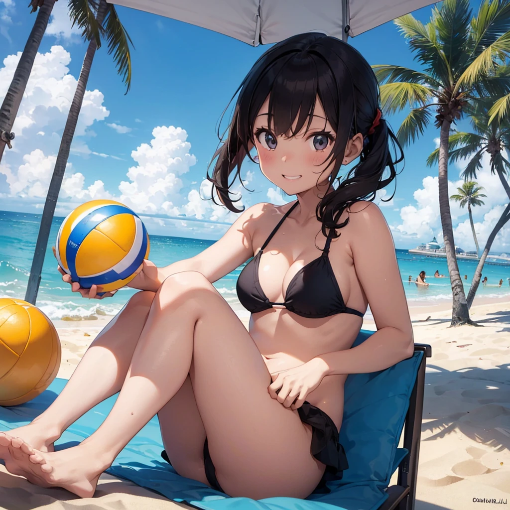 (best quality,4k,8k,highres,masterpiece:1.2), ultra-detailed, realistic:1.37, beach, bikini, girls, sand, sea, ship, summer, sun, waves, palm trees, tropical, sunny, vibrant colors, clear blue sky, golden sunshine, sparkling water, gentle breeze, joyful atmosphere, relaxation, fun, laughter, happiness, beach volleyball, coconut drinks, music, holiday vibe, beach chairs, sunbathing, seashells, beach ball, playful poses.