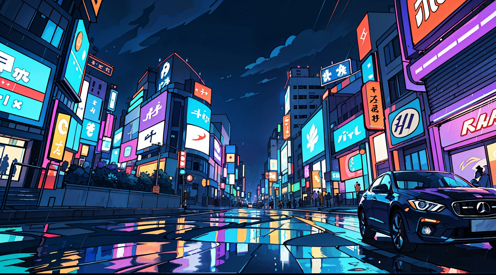 Landscape Photography(Seen from below、Sky above、Downhill)、Bright downtown、Sparkling neon lights、TOKYOcity、Fantastic、a car on a road 、A light、Lots of Purples and Oranges、intricate detailes、Volume Lighting BREAK (masterpiece: 1.2)、(top-quality)、4K、ultra-detailliert、(The composition of the movement: 1.4)、Rich in details and colors、Sateen、rain is falling、rain cloud、Holding an umbrella in the rain