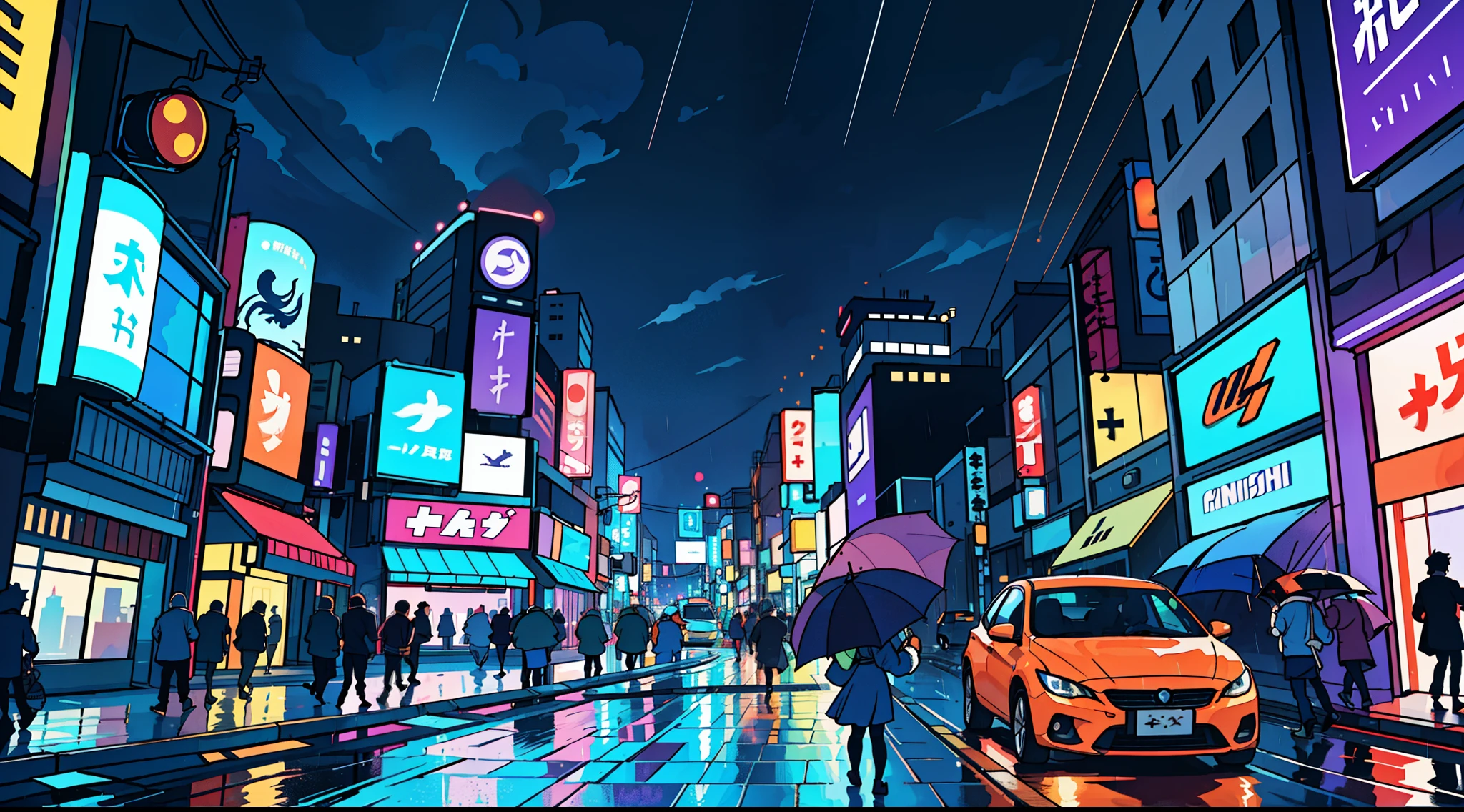 Landscape Photography(Seen from below、Sky above、Downhill)、Bright downtown、Sparkling neon lights、TOKYOcity、Fantastic、a car on a road 、A light、Lots of Purples and Oranges、intricate detailes、Volume Lighting BREAK (masterpiece: 1.2)、(top-quality)、4K、ultra-detailliert、(The composition of the movement: 1.4)、Rich in details and colors、Sateen、rain is falling、rain cloud、Holding an umbrella in the rain