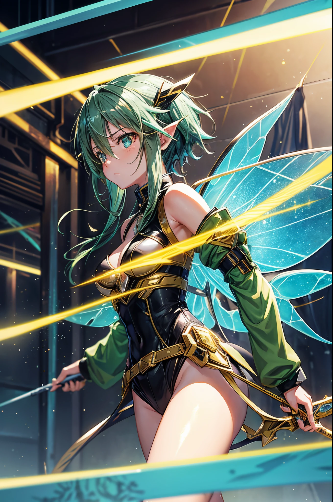 Asada Sinon from Sword Art Online, with magnificent fairy wings, golden glasses, in a masterpiece, best quality 16k anime wallpaper. The background is set in a cyberpunk world, with a sniper aura and stunning bullet effects.