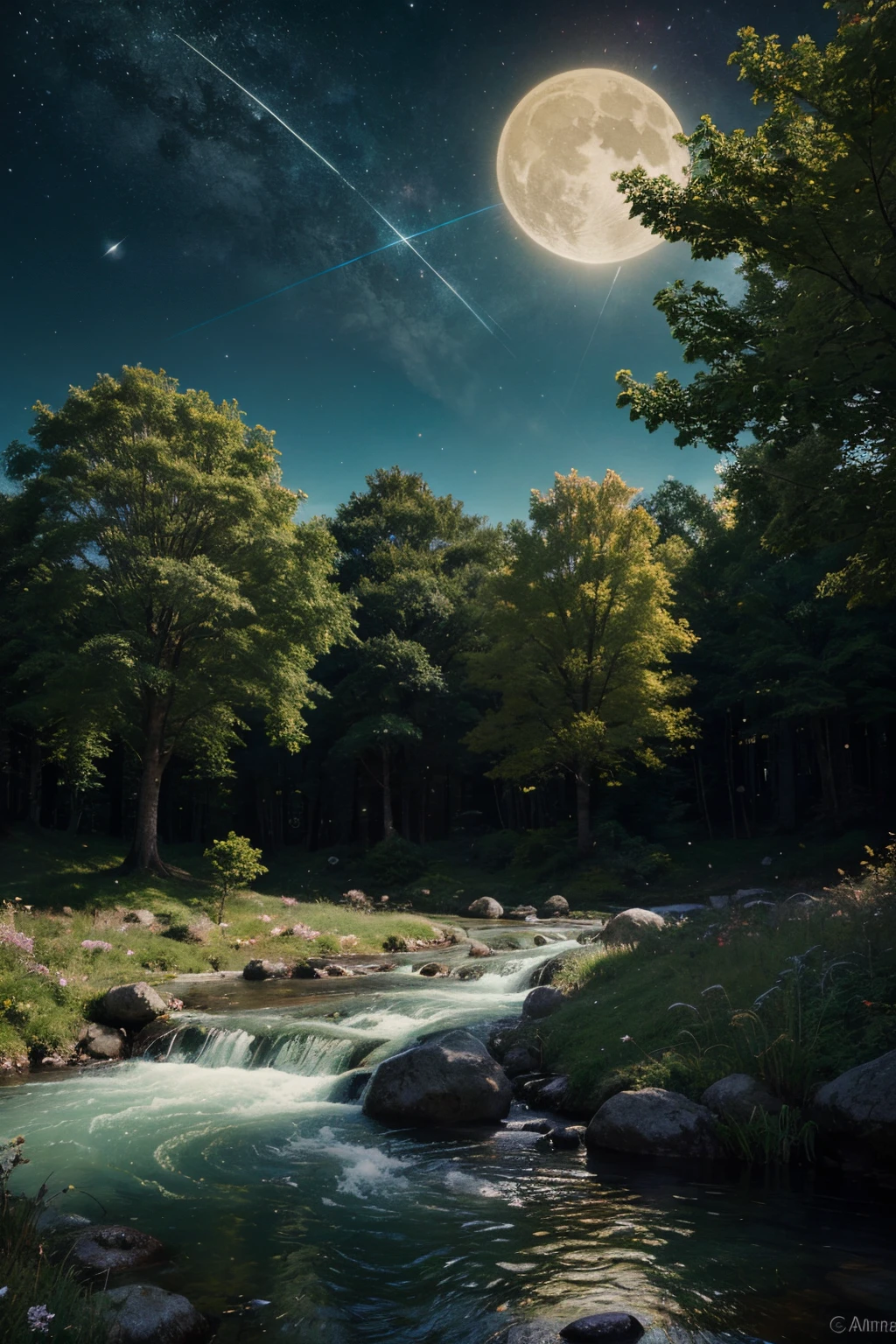 "Generates a digital image of a surreal landscape with the following characteristics: an enchanted forest with luminous trees of vibrant colors, a river of silver water that meanders through the treetops, y un cielo estrellado con dos lunas brillantes. Add a touch of mystery with dancing shadows and fantastical creatures. The preferred style is something between impressionism and fantasy art."