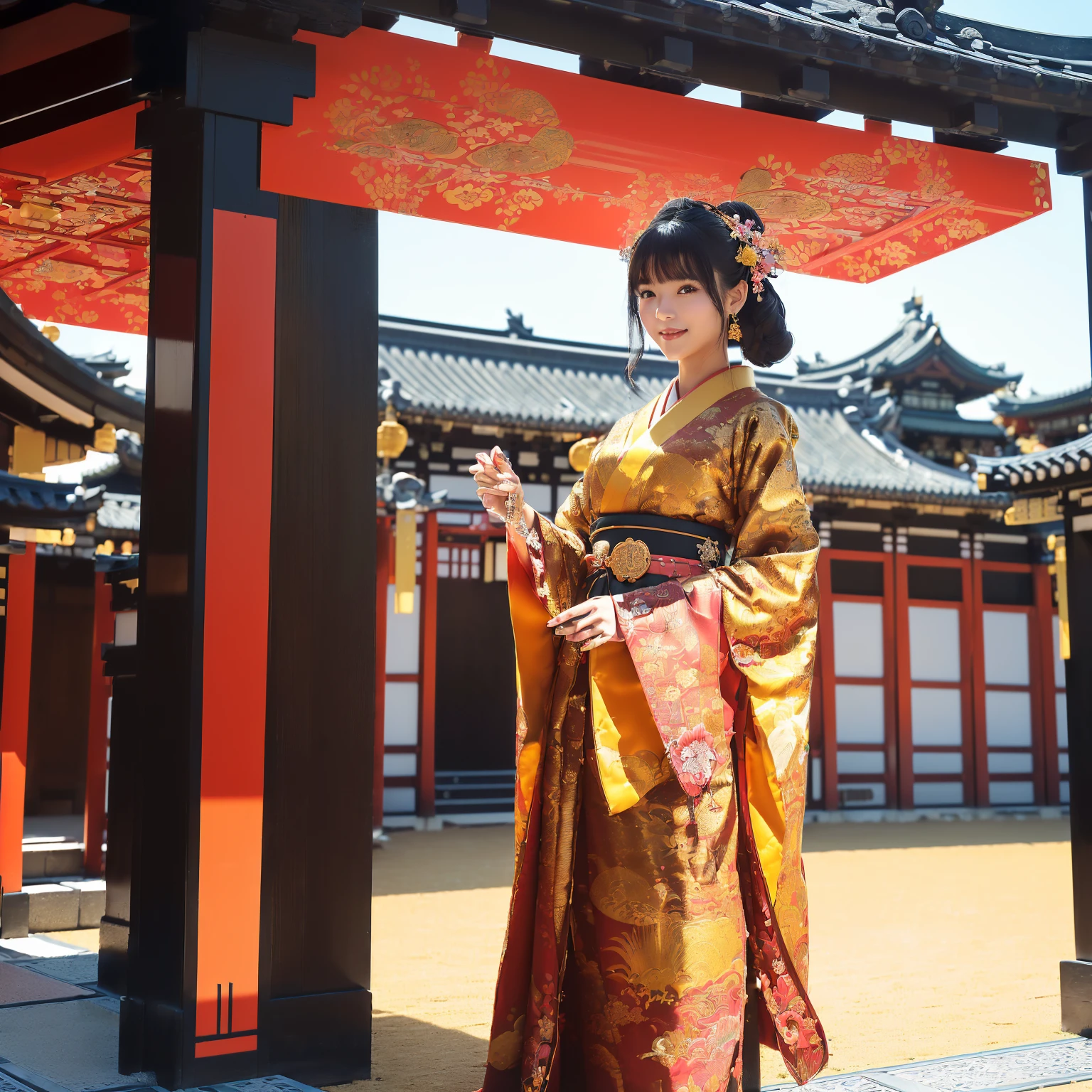 ((top-quality、masutepiece、8K、Top image quality、Very complex and detailed details、A depiction centered on one woman 、very bright and vivid、a high chroma、1 photo))、((1 Princess、empress、Princess of the Heian period、Princess cut hairstyle、Take photos from up close to her、Mainly female close-ups、Detailed her face、Photographing a single woman、stand in the capital、Take a photo of her from the knees up、gorgeous costumes、花魁、Flowers Kimono、gorgeous flower costume))、(((Atmosphere of the Heian period、Beautiful Niwa-lacquered pillars、golden palace、Golden decoration、The most luxurious royal palace of the Heian period、Huge and majestic Niwa-lacquered gate、Beautiful and perfect Heiankyo、beautiful and luxurious tiled roof、many luxurious buildings、Lots of buildings、Sparkling sunset、Beautiful sunset、Fantastic sunset、Spectacular sunset、Sparkling sunset、spectacular movie lighting、the most luxurious capital、luxurious and luxurious building、Complete reproduction of the splendid Heian capital、The perfect capital of Heiankyo、luxury city、Japan in the 800s、Townscape of the Heian period、Heian period、Perfect reproduction of Japan、Heian period)))、(View me、Look at viewers、A smile)