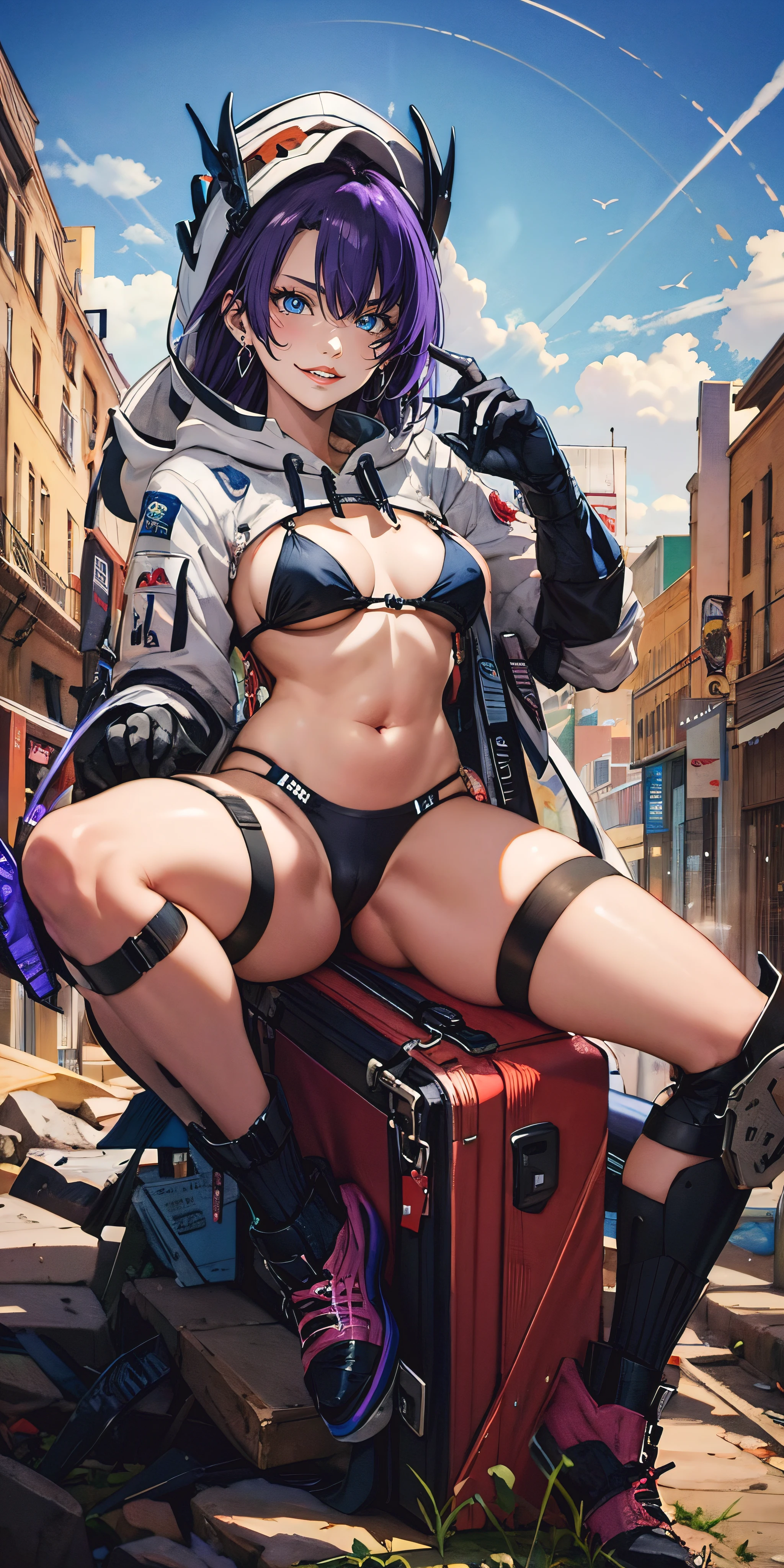 anatomically correct, best quality, masterpiece, high quality, high details, highres, HD, (shaded face:1.2), hollow eyes, purple eyes, looking at viewer, heavy breathing, smirk, upper teeth, purple hair, long hair, cropped hoodie, black bikini, long sleeves, a woman sitting on top of a pile of luggage, concept art, inspired by Masamune Shirow, detailed image, trending artgerm