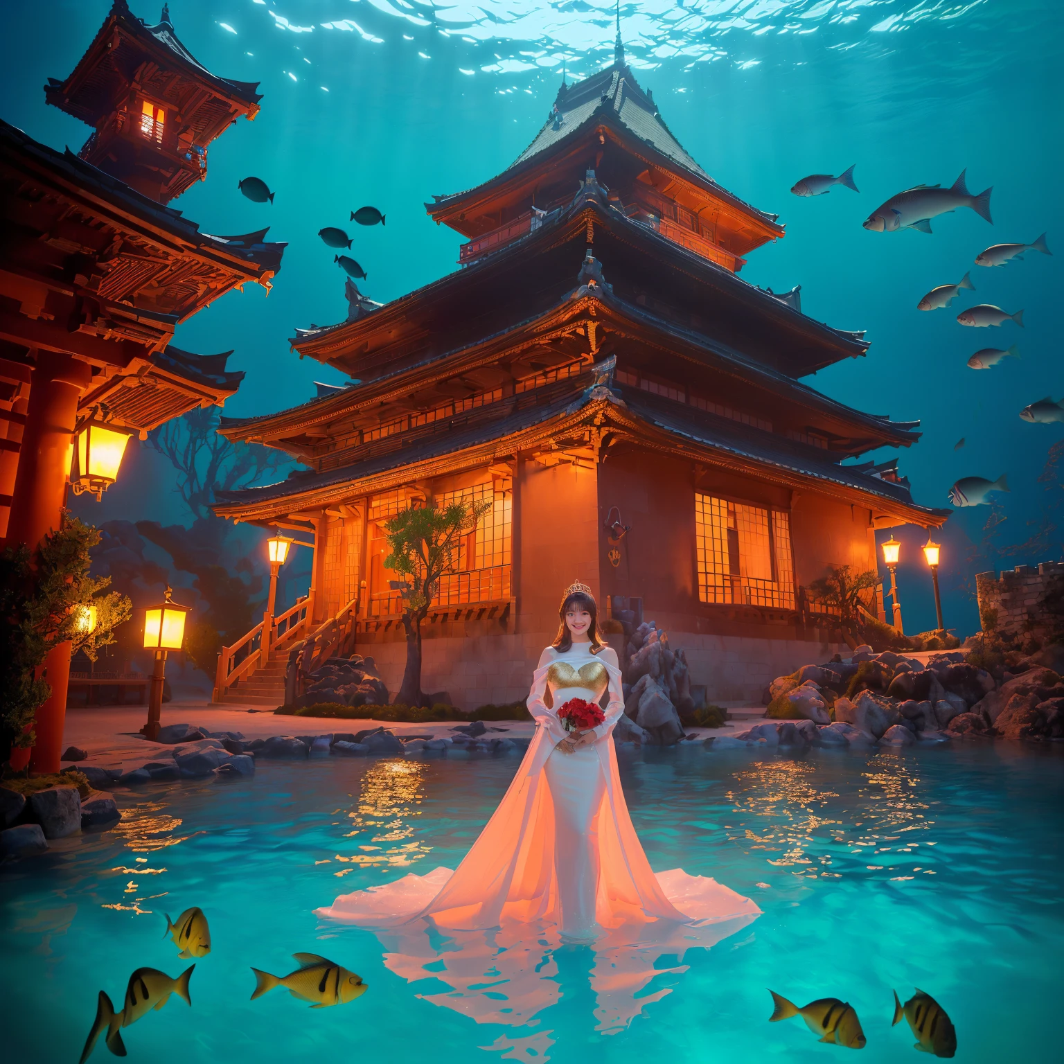 ((top-quality、masutepiece、8K、Top image quality、Highly complex and detailed depictions、super-fine、1 photo、The main character is a human、You can see the exterior of the castle in the background.))、((One Princess、Photographing the princess from the upper body、photo of her from the waist up、Please take a photo of the princess&#39;The upper part of the body、luxurious courtesan costume、Luxurious furisode、Luxurious hair ornaments、The background is a castle in the deep sea、She stands at the entrance of the deep sea castle、There are many beautiful fish swimming around the castle.....、Lots of beautiful coral and fish)、((Japanese castle underwater in the background、Incredibly gorgeous underwater castle in the background、The most luxurious underwater castle in the background、Beautiful Niwa-lacquered castle pillars、With the exterior of Niwa-nuri Castle in the background、luxury tile roof、Gold decoration of Niwa-nuri Castle、Luxurious Japanese castle with red and gold background、Castle glowing red in the background、red lantern lighting、The most glittering and complex castle、castle built at the bottom of the sea)))、(View me、Biggest smile、The happiest smile、Look at viewers、photo of her upper body、Perfectly depict detailed and complex underwater scenes、Detailed depictions of many beautiful sea creatures)