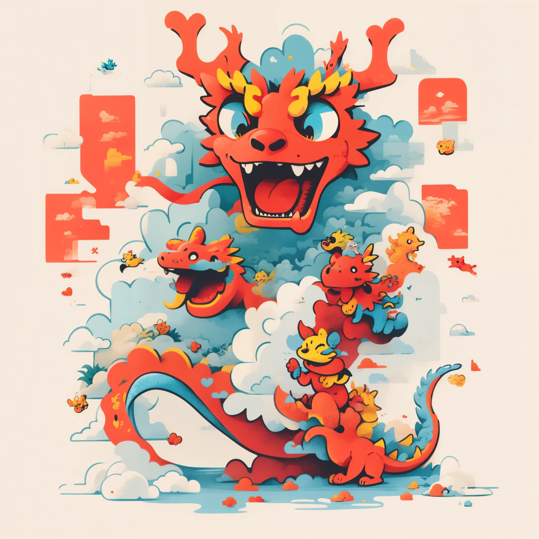 Illustration of a dragon with a red nose and a yellow tail, Cute Chinese dragon,chinese dragon concept art, cyan chinese dragon fantasy, Anthropomorphic dragons, a dragon made of clouds、Illustration doodle style