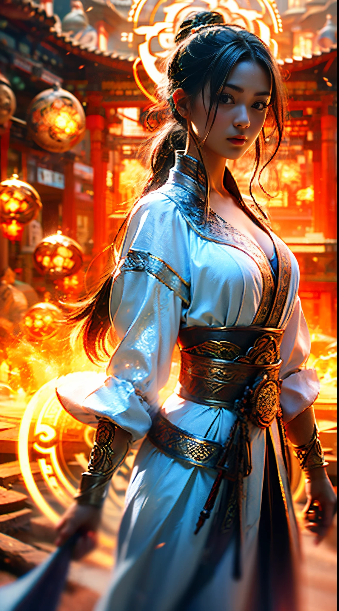 Best quality,masterpiece,ultra high res,(photorealistic:1.4),xiuxian,weapon,Detailed face,
1girl,solo,weapon,cleavage,(magic circle:1.2),xiuxian,upper body,Beautiful girl,full body,east asian architecture,sheath,architecture,
