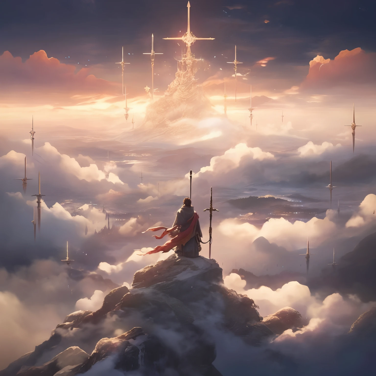 Arafad image of a man sitting on a mountain with a sword, heaven in the top, anime epic artwork, Jessica Rossier Fantasy Art, ross tran. scenery background, Sylvain Sarai, Peter Mohrbacher. unreal-engine, surrounded by clouds and light, Epic fantasy art style HD, concept art of god, dramatic concept art, stunning fantasy art