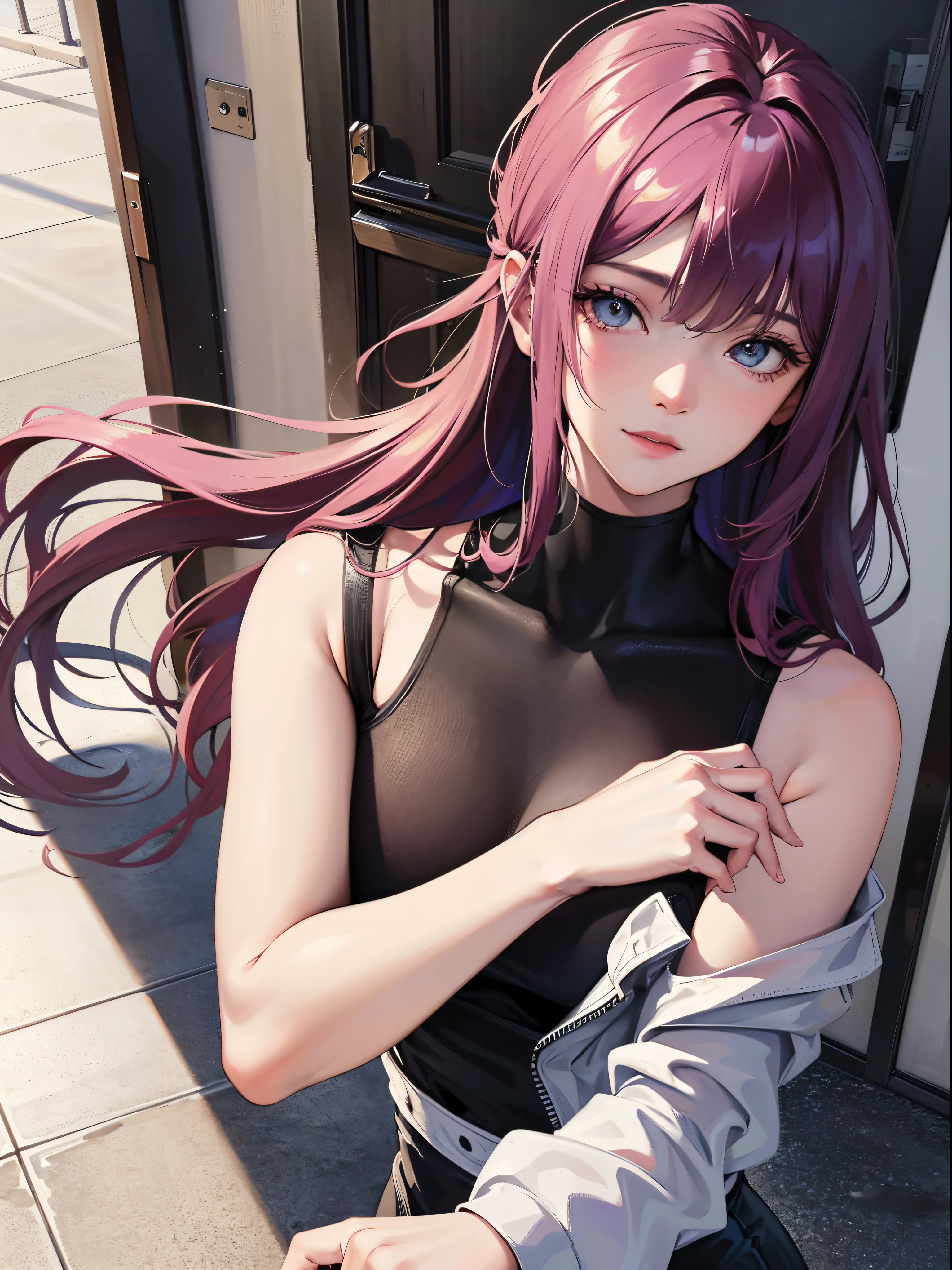 A woman leaning against the door posing for a photo, The head is not exposed，Wearing half-sleeved upper body，[ 4K realism ]!!, [ 4K realism ]!!!, [ 4K digital art ]!!, Realistic shadow perfect body, realisticlying!!!!!!! art-style, photorealistic anime, by Shitao, Popular topics on cgstation, Casual pose, realistic anime 3D style