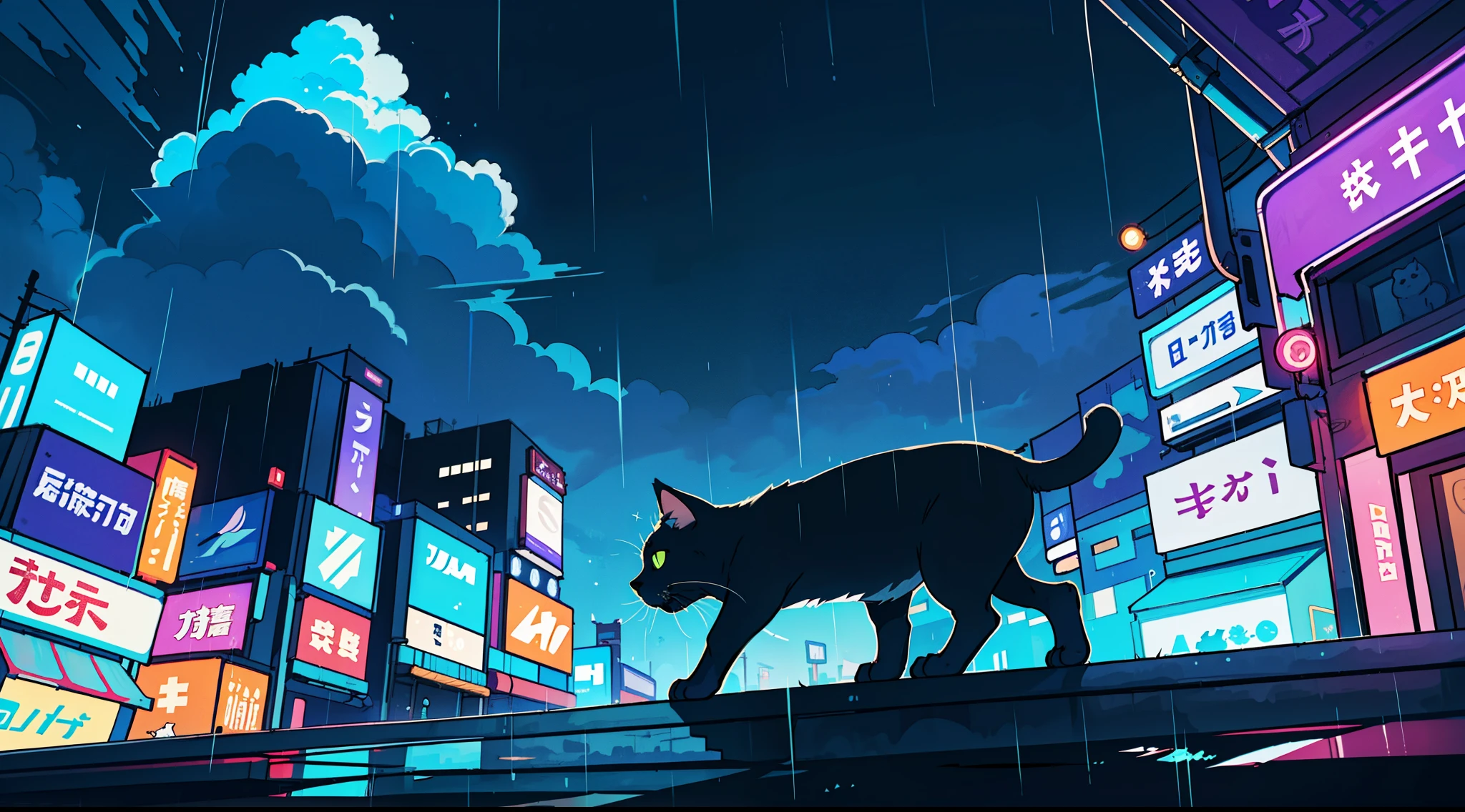 Landscape Photography(Seen from below、Sky above、Downhill)、Bright downtown、Sparkling neon lights、TOKYOcity、Fantastic、a cat on top of a car 、A light、Lots of Purples and Oranges、intricate detailes、Volume Lighting BREAK (masterpiece: 1.2)、(top-quality)、4K、ultra-detailliert、(The composition of the movement: 1.4)、Rich in details and colors、Sateen、rain is falling、rain cloud、Holding an umbrella in the rain
