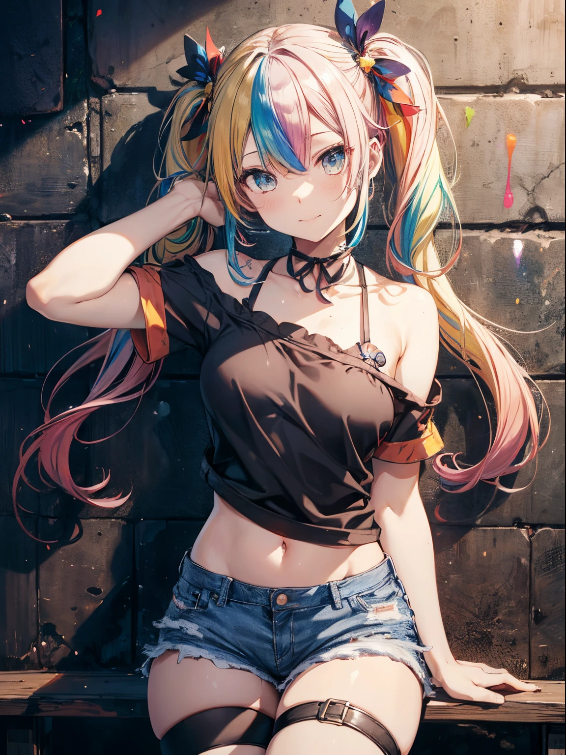 (masutepiece:1.3), (8K, Photorealistic, Raw photo, Best Quality: 1.4), Beautiful face, (Realistic face), Beautiful detailed eyes, (Realistic skin), Attractive, Intricate details,Golden ratio, 1 girl,Naughty smile, (rainbow hair:1.4),((Long twintails,Ribbon 1.4)),(Blue butterfly hair ornament), croptop, Denim shorts, a choker, (doodle:1.5), Paint Splatter, arms behind back, Hitting a wall, Look at viewers, Armbands, Thigh strap, Paint on the body, tilt of the head, tedium,
