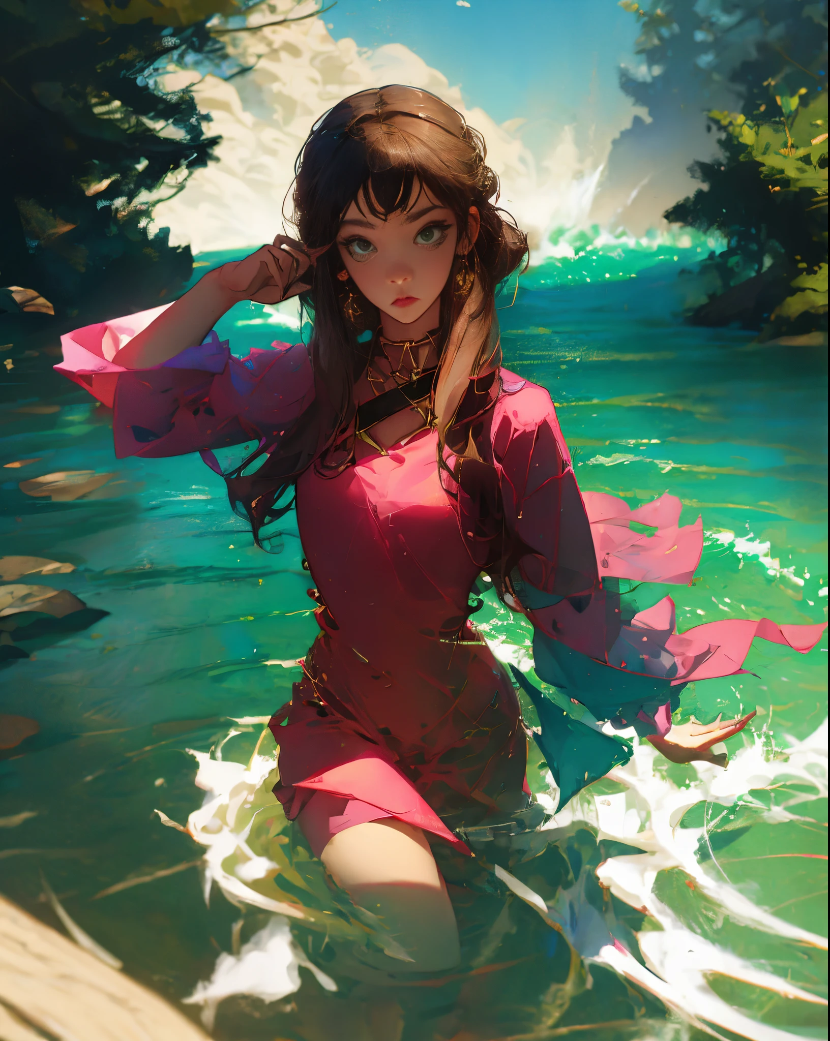 4k, ultra hd, masterpiece, 1 girl, serious face, detailed eyes, very long hair, (flare dress:1.5), blue flare dress, paisley print, (jwellery:1.5), bere waist, in the garden, cherry blossom, rain:1.5, (water:1.5), sitting,