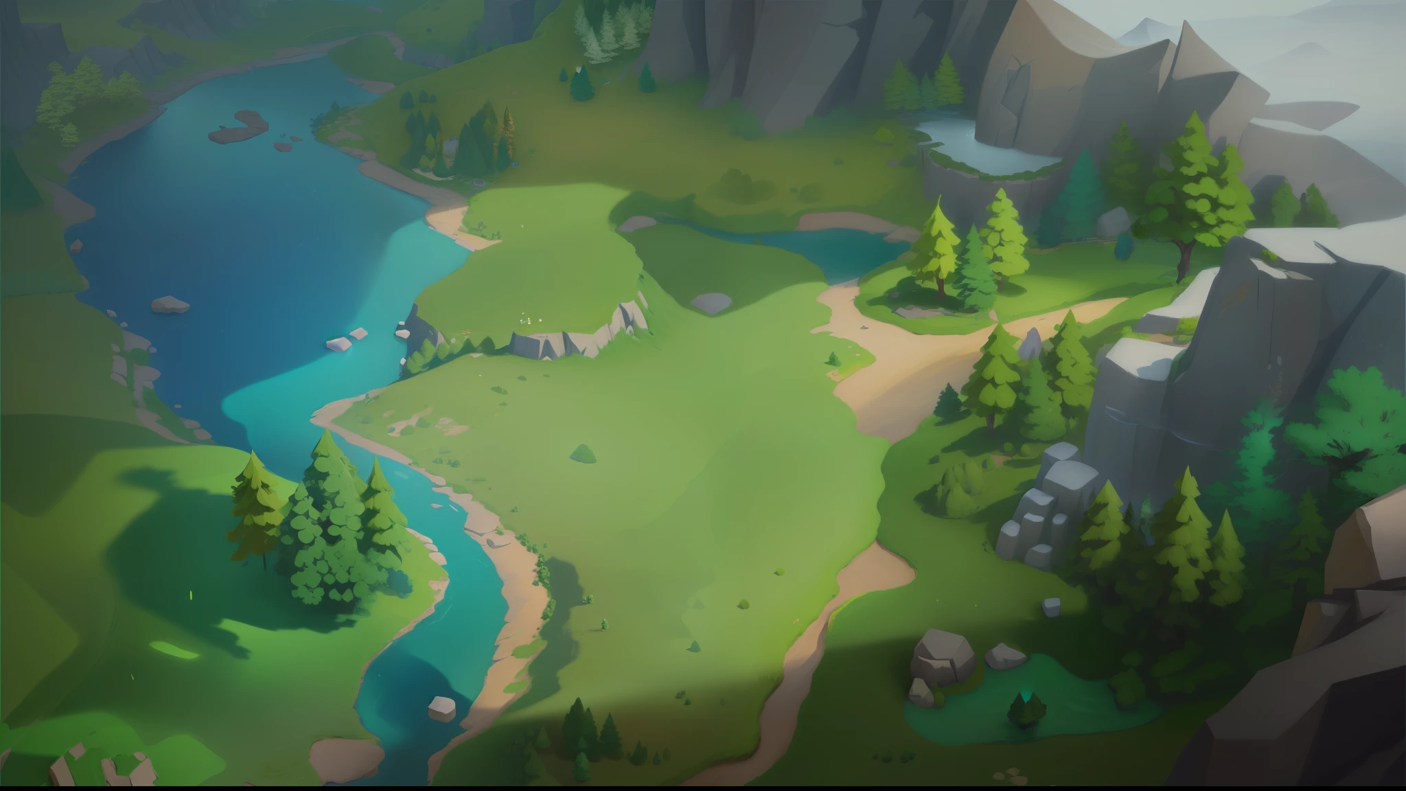Close-up of landscape in realistic style,There are rivers and trees, stylized concept art, stylized game art, stylized shadow, stylized background, stylized art, arte de fundo, mobile game background, simple stylization, Depicted as game concept art, stylised painting, background artwork, Epic background, splash screen art, ingame image, breezy background