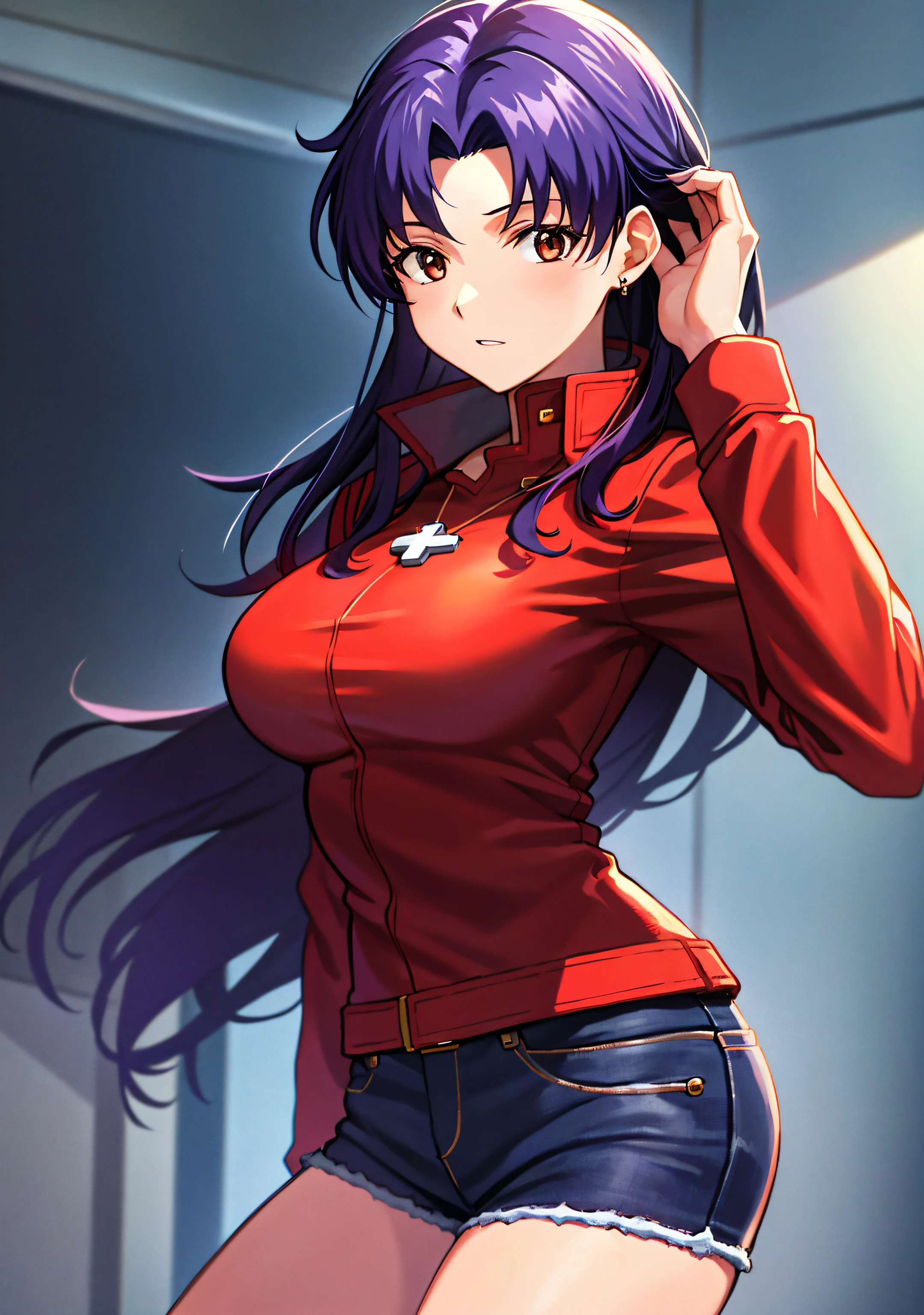 masutepiece, Best Quality, Very detailed_nffsw_Unity_8K_ Wallpaper,  girl, Solo, Misato Katsuragi, Brown eyes, Indigo hair, Big breasts, Cross Necklace, Red jacket, Mature Woman, Older, Upper body,military base