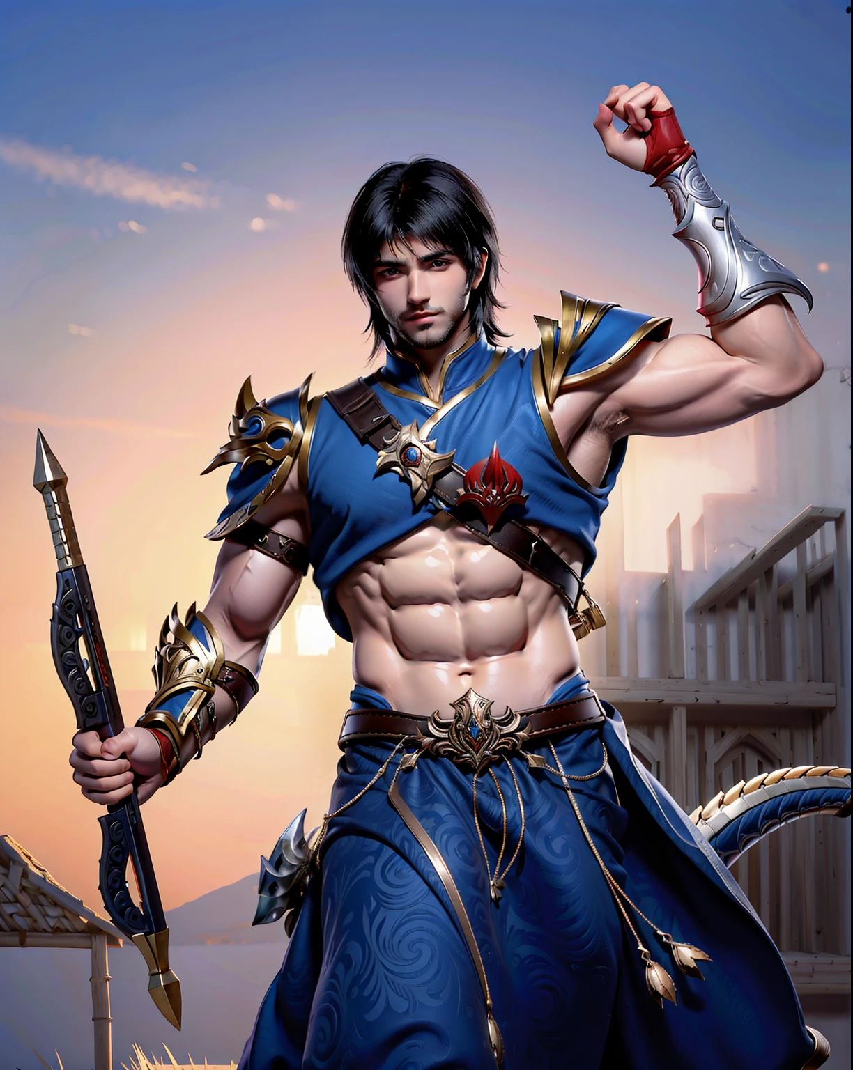 Un primer plano de un hombre con armadura, un guerrero, a muscular hero, un hombre corpulento y atractivo con armadura, (((a handsome prince of Persia))), Sylas, por Yang J, (((imagen de un guerrero adulto))), un chico guapo con el arte de matar demonios, fuerte y  Pose masculina imponente y heroica, muscular character, hombre atractivo con armadura, rasgos alfa europeos, torso descubierto, Quality lighting, persia,