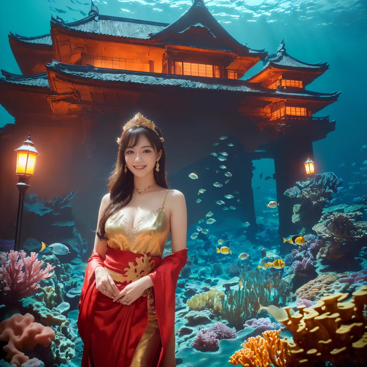 ((top-quality、masutepiece、8K、Top image quality、Highly complex and detailed depictions、super-fine、The main character is a woman with a huge castle in the background.))、((One Princess、A woman standing with a castle in the background、A huge castle behind the woman、Please take a photo of the princess'The upper part of the body.'Body of、luxurious courtesan costume、Luxurious furisode、Luxurious hair ornaments、The background is a castle in the deep sea、She stands at the entrance of the deep sea castle、There are many beautiful fish swimming around the castle...、Many tropical fish are swimming in the sea、Sparkling water surface、water surface illuminated by sunlight、There are many beautiful corals and fish around the castle....)、((Very intricate and detailed Japanese castle、Castle lit up、Incredibly luxurious and luxurious castle、the most luxurious and wonderful castle、Beautiful Niwa lacquered castle、Exterior of Niwa-nuri Castle、luxury tile roof、Gold decoration of Niwa-nuri Castle、Luxurious Japanese castle in red and gold、red glowing castle、Most Awesome)))、(View me、Biggest smile、The happiest smile、Look at viewers、photo of her upper body、Perfectly depict detailed and complex underwater scenes、Detailed depictions of many beautiful sea creatures)