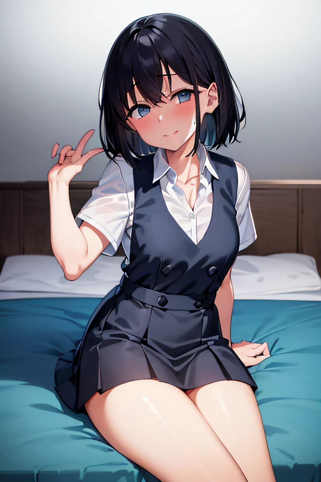 1girl, short hair, bob cut, black hair, light blue eyes, school uniform, cutter shirt, lying on the bed, full_body, cross legs,
