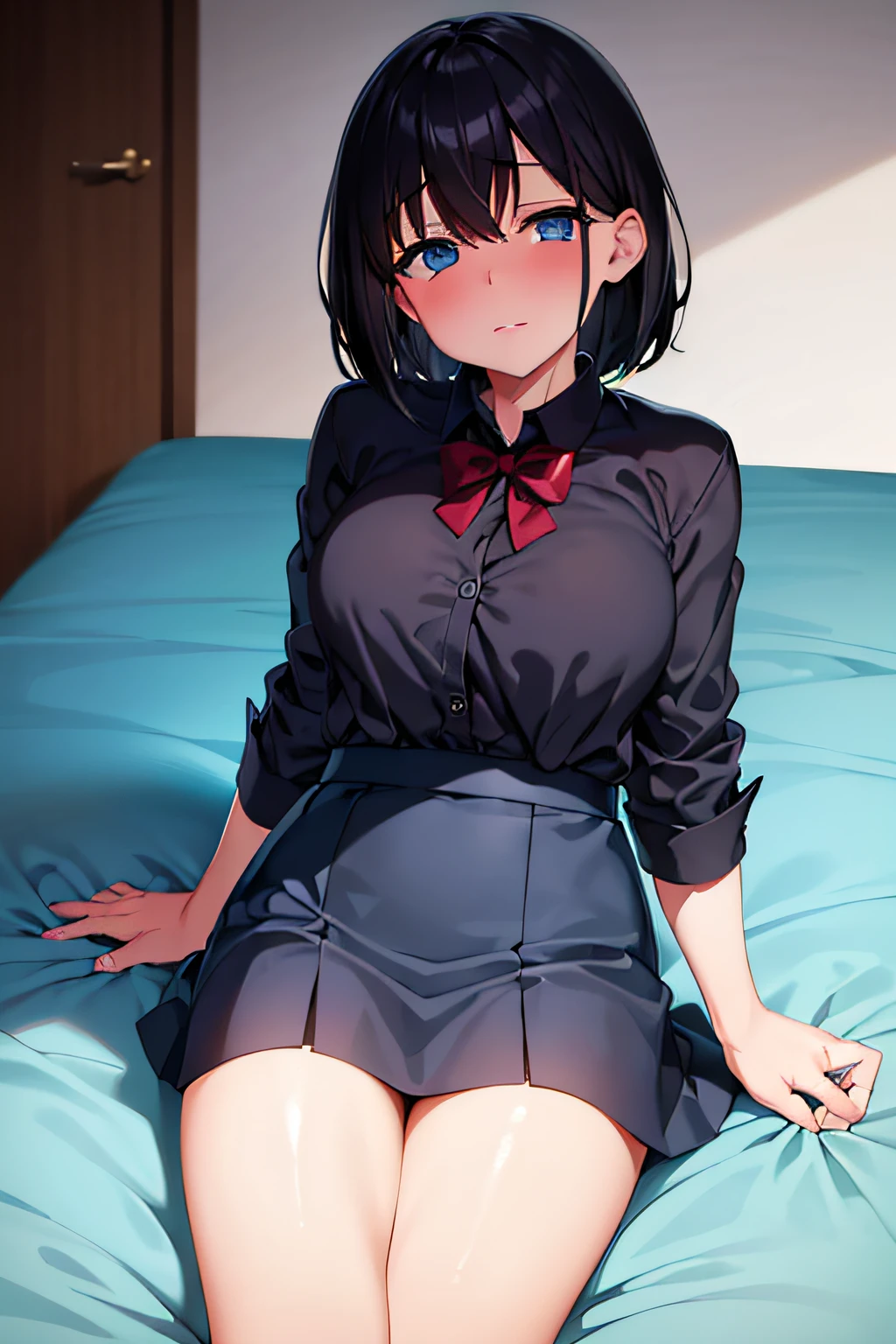 1girl, short hair, bob cut, black hair, light blue eyes, school uniform, cutter shirt, lying on the bed, full_body, cross legs,
