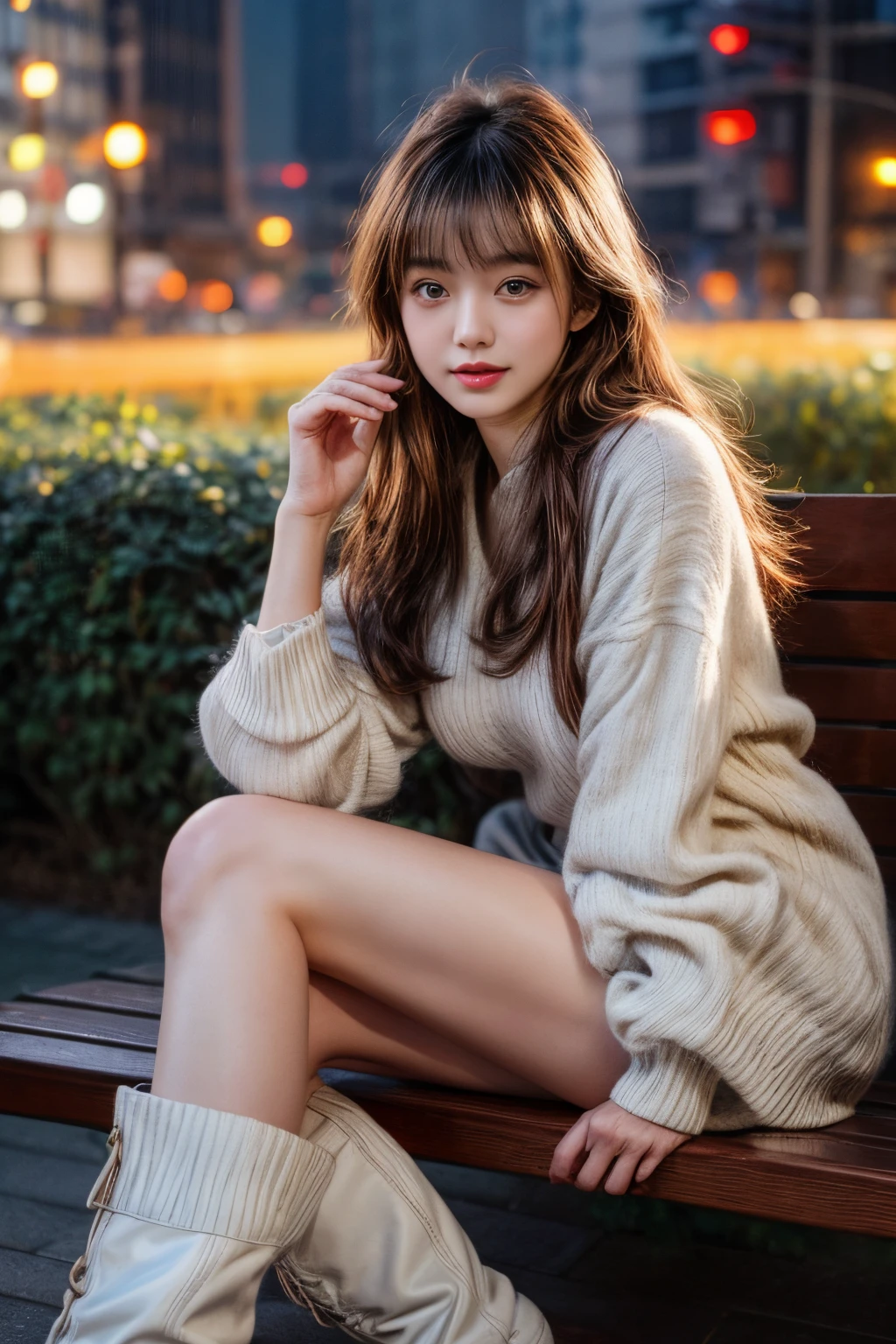 ​masterpiece、8K、32K、top-quality、(A detailed eye)、(A cute Japanese woman、bangss)、23years old、1 girl in、elegent、(light particle )、(Detailed background depiction、portlate:1.2)、(Onepiece:1.2)、newyork、sit on a bench、(long boots:1.1)、cowboy  shot、ssmile、head shot