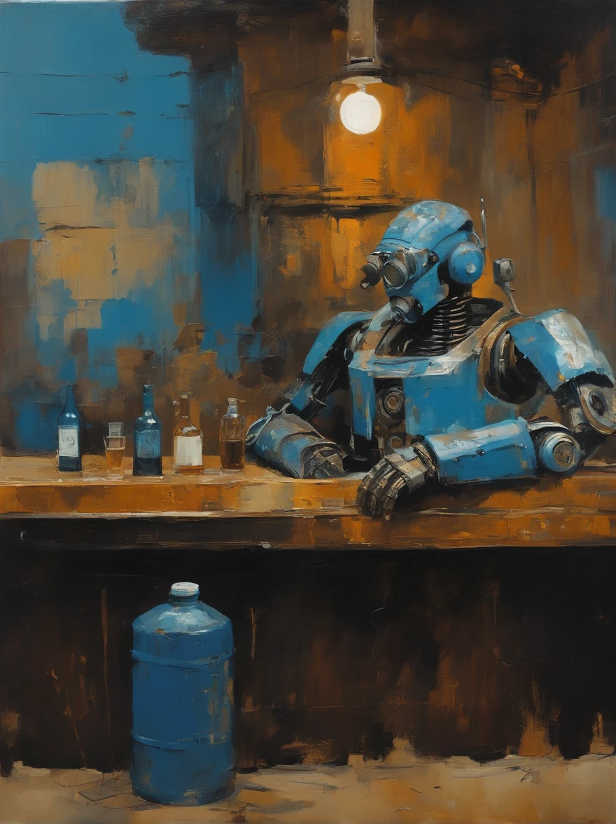 Ashley Wood(Ashley Wood)Realistic paintings created in Van Gogh's unique style,Depicted ((Blue rusty cyborg drinking whiskey in a post-apocalyptic bar)),