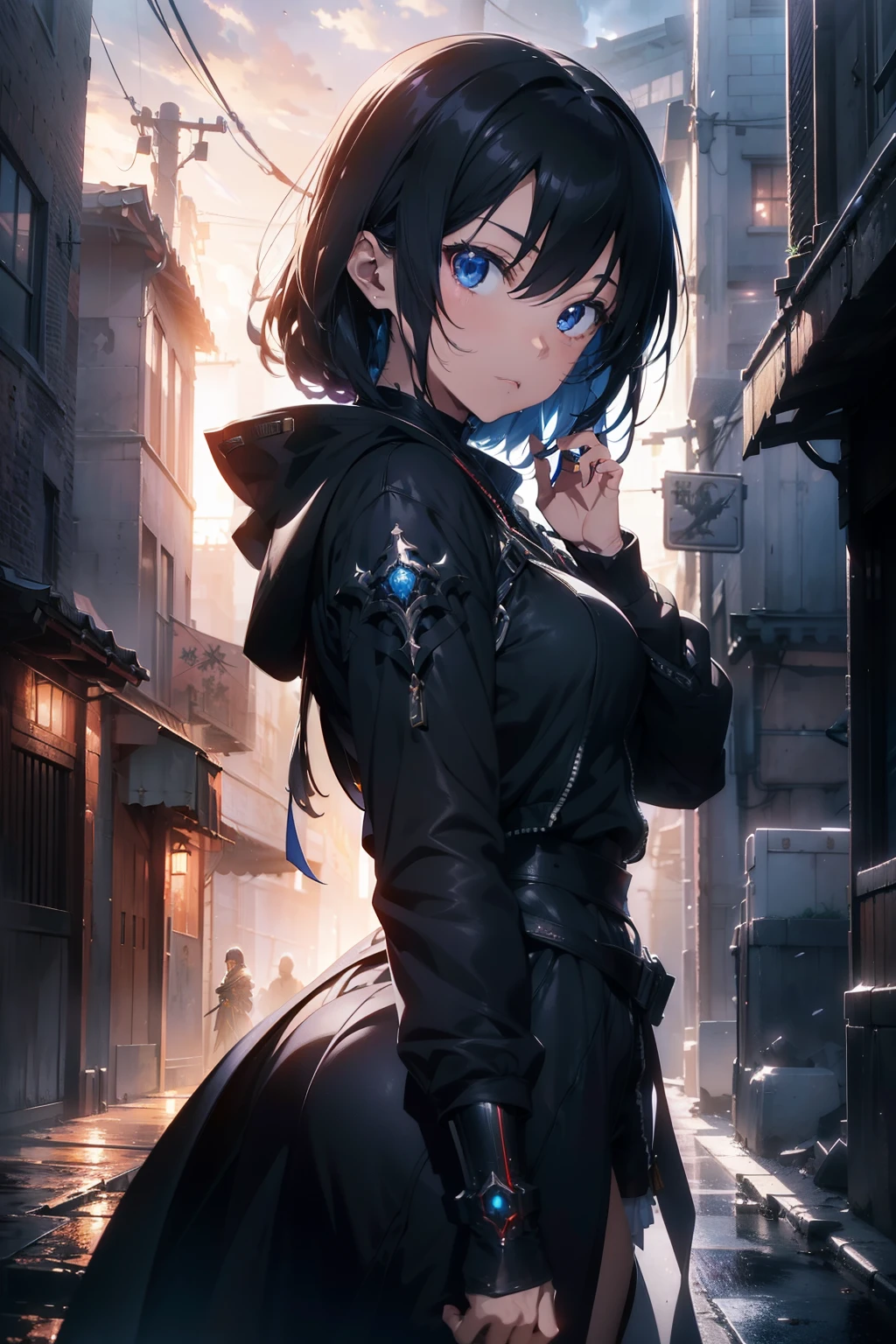 2.5D CGI anime fantasy portrait artwork of a hooded intricate cybernetic sorcerer warrior character with high quality glistening beautiful colors, rich moody atmosphere, omnipotent, megastructure realistic detailed background, portrait in the style of Makoto Shinkai and Greg Rutkowski