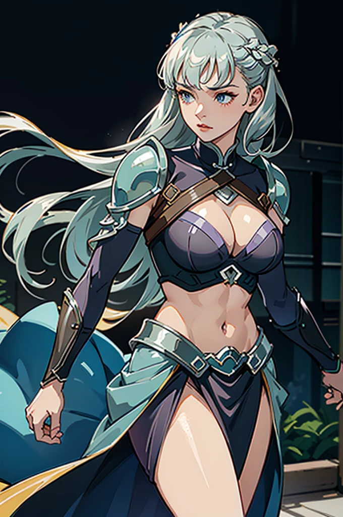 close up shot of a woman in a silver and blue dress, silver armor, large breasts, cleavage, chengwei pan on artstation, by Yang J, detailed fantasy art, stunning character art, muscular body, exposed midriff