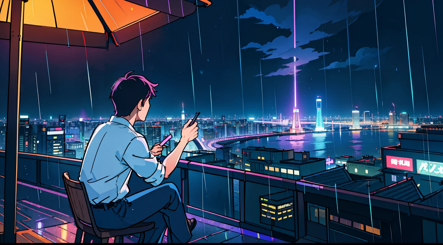 Landscape Photography（Seen from below、Sky above、Downhill）、Bright downtown、Sparkling neon lights、TOKYOcity、Fantastic、A alone man sitting in a bar, while in the background shows a busy rainy night city、A light、Lots of Purples and Oranges、intricate detailes、Volume Lighting BREAK (​masterpiece: 1.2)、(top-quality)、4K、ultra-detailliert、(The composition of the movement: 1.4)、Rich in details and colors、Sateen、rain is falling、rain cloud、Holding an umbrella in the rain