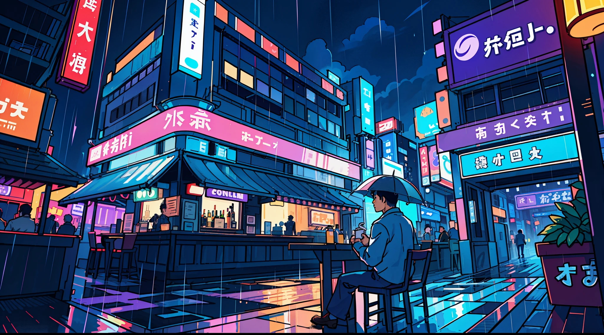 Landscape Photography(Seen from below、Sky above、Downhill)、Bright downtown、Sparkling neon lights、TOKYOcity、Fantastic、A alone man sitting in a bar, while in the background shows a busy rainy night city、A light、Lots of Purples and Oranges、intricate detailes、Volume Lighting BREAK (masterpiece: 1.2)、(top-quality)、4K、ultra-detailliert、(The composition of the movement: 1.4)、Rich in details and colors、Sateen、rain is falling、rain cloud、Holding an umbrella in the rain