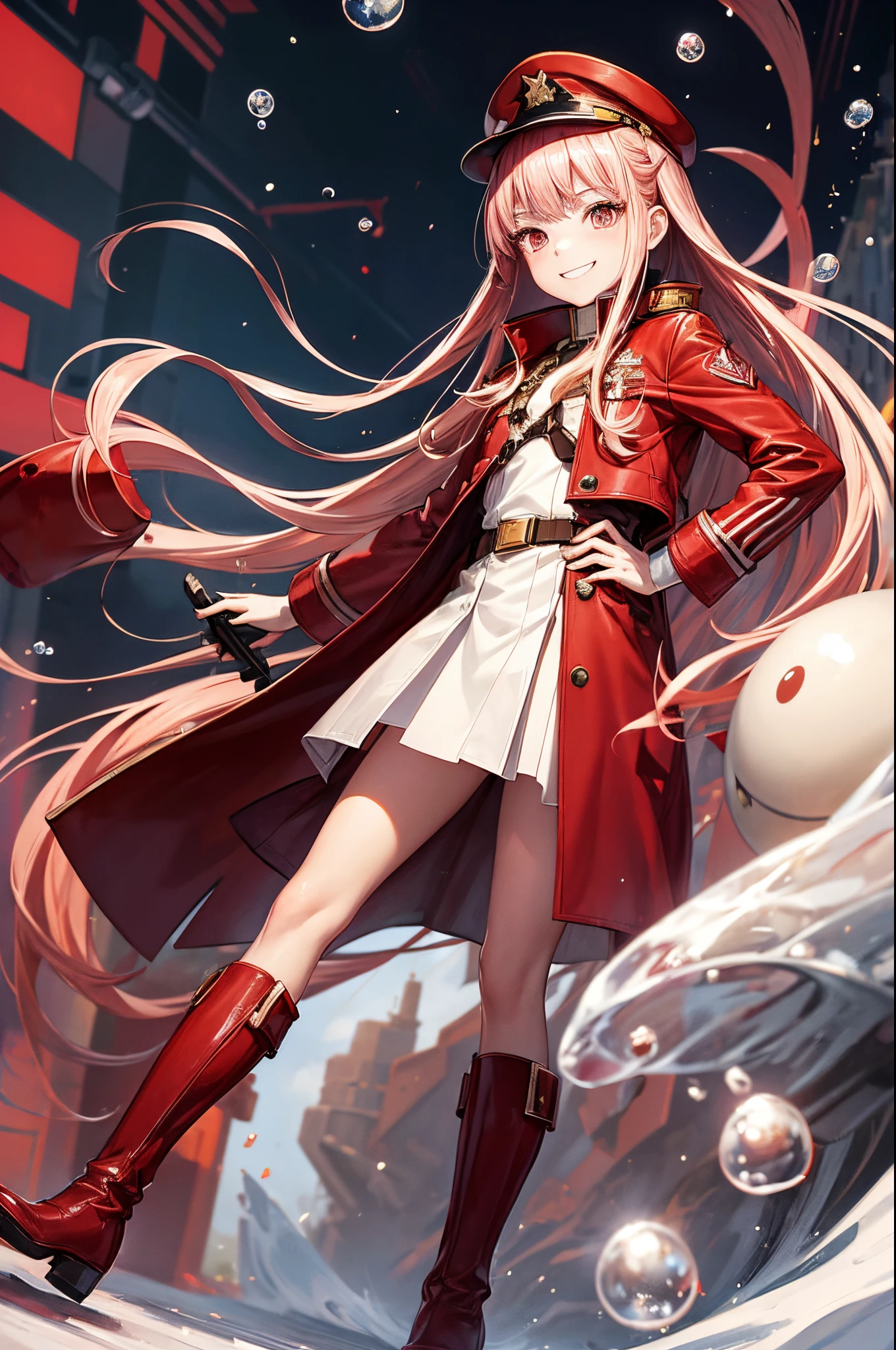 zero two, red and white military cap with a matching overcoat and boots, smiling face, office background, random pose, best quality, military element increase, bubble effect, masterpieces, light make up, a pair of small red horn, perfect body shape, red hair, sharp red pupil, 16k wallpaper quality