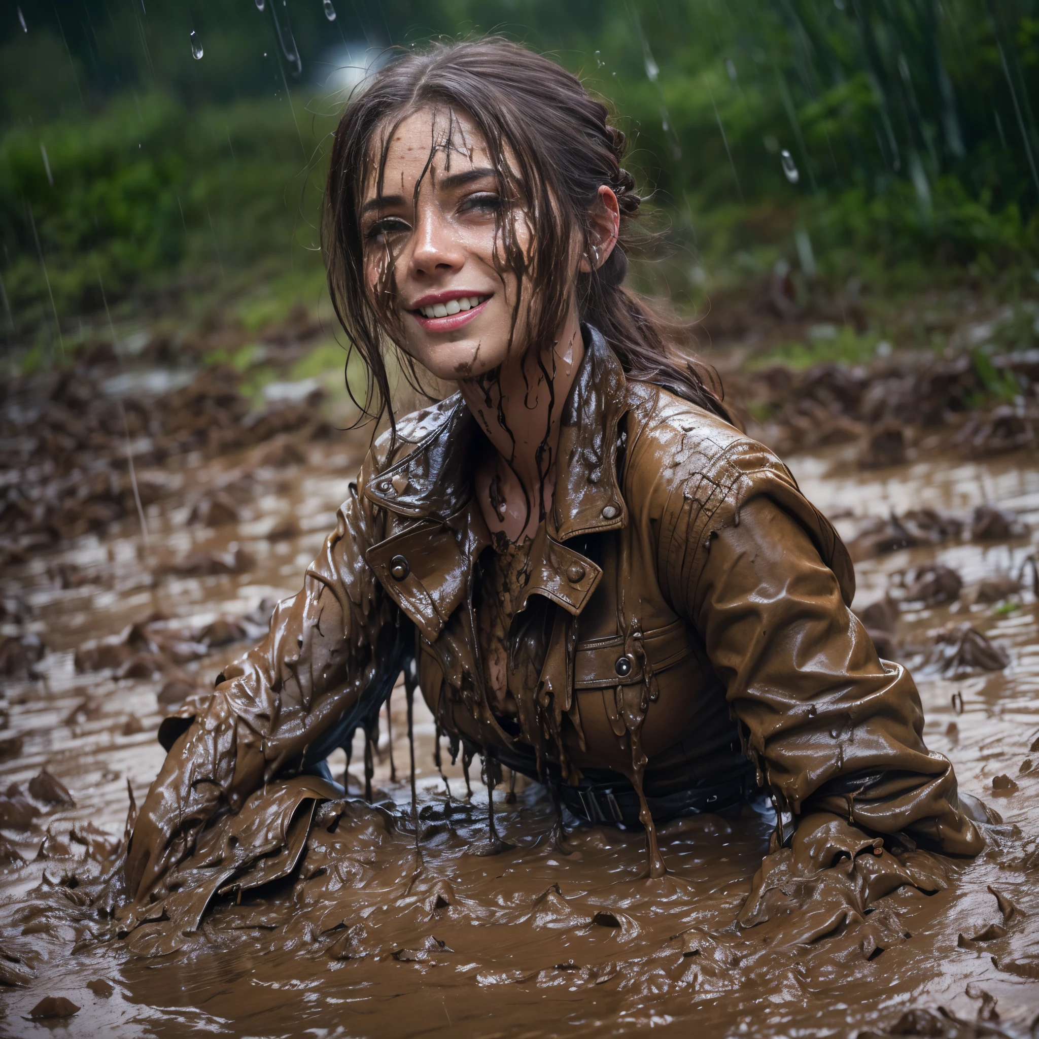 (masterpiece, best quality:1.2), cowboy shot,  2girl, 27 yo businesswomen, smile, looking at viewer, pencil skirt, belt, white blouse, jacket wet clothes, soaked, dripping wet, wet hair, wet skin, translucent, glistening with oil, fully clothed, wet muddy field, dripping with mud, muddy arms, muddy hair, lying in mud, submerged, covered all over, muddy face, muddy hair, wrestling in mud, struggling with each other, late at night, harsh lighting, spotlight