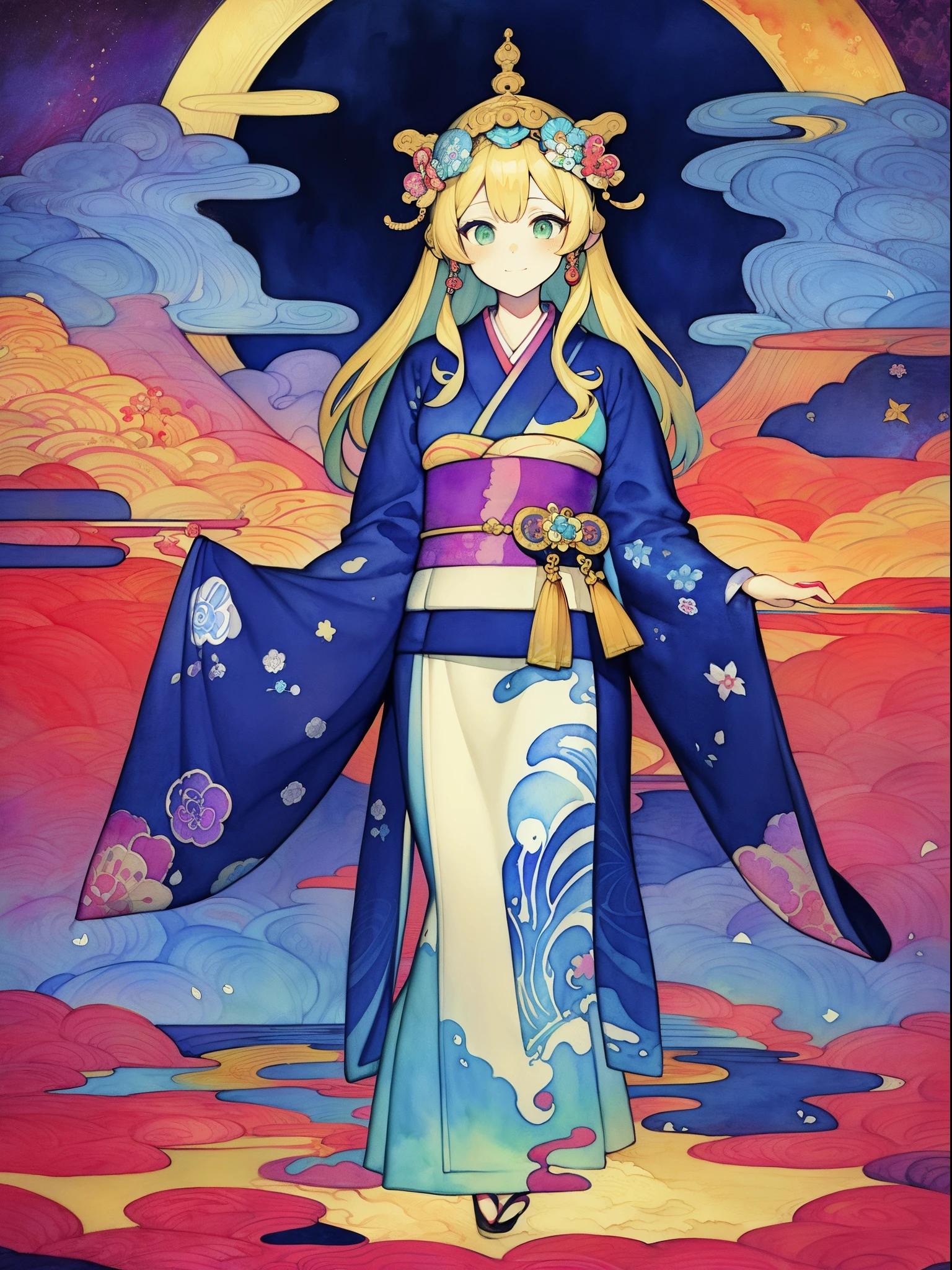 absurderes, hight resolution, ultra-detailliert, (masutepiece),
Drawing, (pale hues smeared watercolor:1.3), (Guanyin Bodhisattva),(yumeji:1.5), High contrast, (primary colours, Colorful:1.8), manga influence,
(worn out kimono:1.3), Face the front, (medium shot:1.1), (Looking at Viewer:1.2), happy smail ,(very cute 1girl:1.3),
BREAK,
(background art nouveau,) flowing lines, organic shape, complex pattern, decorative design, elegant forms, (paradise:1.1),