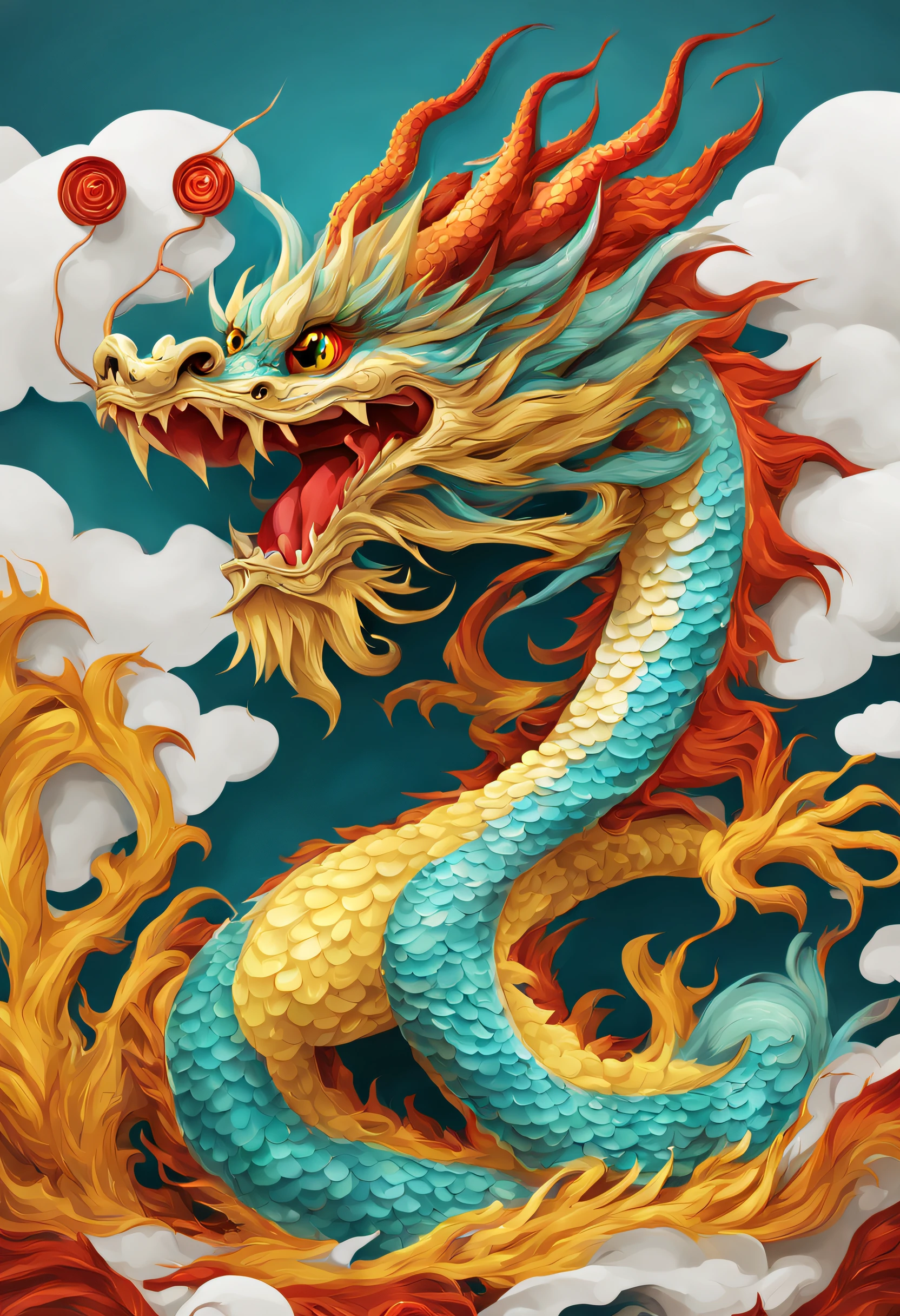 Illustration of a dragon with a red nose and a yellow tail, Cute Chinese dragon,chinese dragon concept art, cyan chinese dragon fantasy, Anthropomorphic dragons,Illustration realistic style