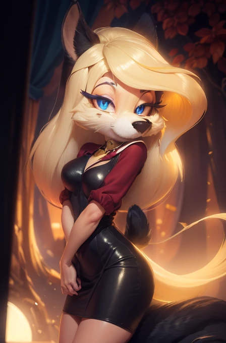 Alto detalle, alta calidad, hd, 1 hembra, furry, pelaje blanco, cabello dorado, ojos detallados y delineados azules, nariz rosa, vestido color rojo ajustado escotado, escote sexy mostrando pechos, escote seductor, vestido hasta la piernas, guantes negros hasta los codos, golden tail, en un bar elegante.