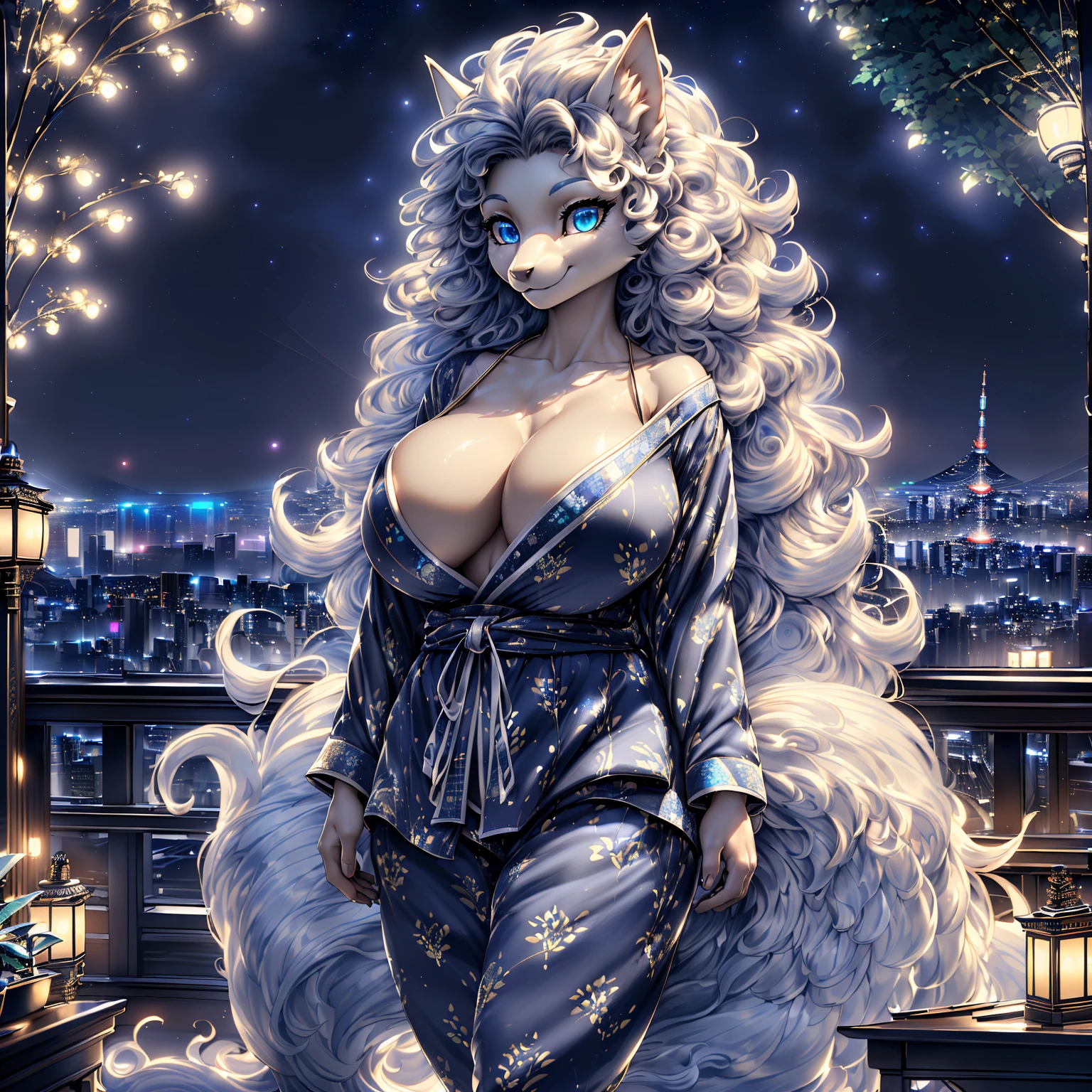 1girl (((Made by Complextree))), (Alolan Ninetales), ((solo)), ((big and firm breasts, antrum, extremely detailed, extremely detailed legs, extremely detailed arms, extremely detailed face, perfectly detailed eyes,perfectly detailed anatomy, Curly hair, Wearing a Pijama , Night  Background)) ((Luxury apartment,  ((night time, Tokyo Downtown))