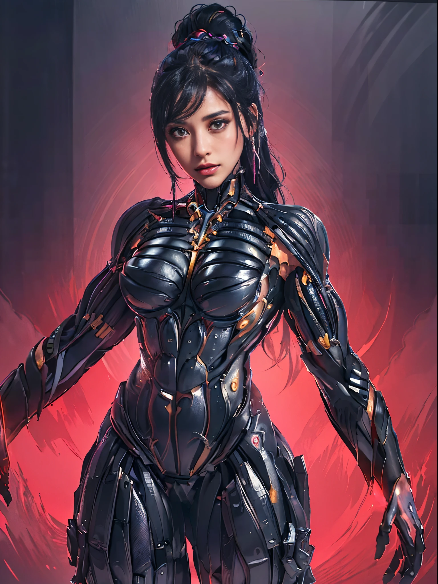 (best quality, ultra-detailed, best illustration, best shadow, masterpiece, high res, professional artwork, famous artwork), (1girl, solo), <lora:concept_maskedEvil_(MEvil):0.9>, MEvil, red eyes, nanosuit. robot joints, fire background