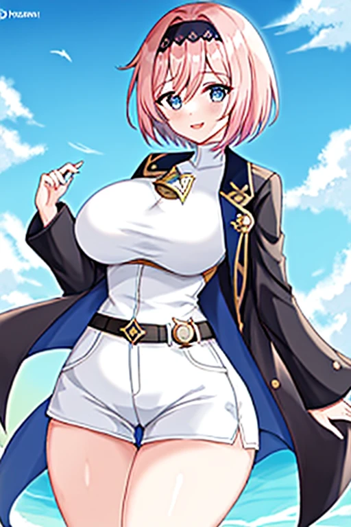 1girl, anime screencap, 2d, anime style, eyla \(genshin impact\), pink hair, breasts, large breasts, thick thicks, wide hips, smile, black headband, headband, hourglass figure, very short hair, short hair, cropped jacket, (white jacket), simple jacket, white jacket, bolero, black shirt, blue eyes, white shorts, short pants, normal clothes, shorts, short, simple clothes, belt