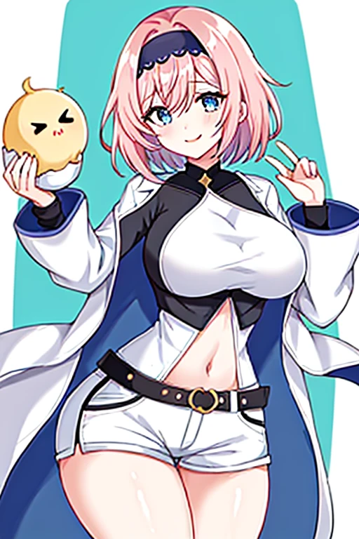 1girl, anime screencap, 2d, anime style, eyla \(genshin impact\), pink hair, breasts, large breasts, thick thicks, wide hips, smile, black headband, headband, hourglass figure, very short hair, short hair, cropped jacket, (white jacket), simple jacket, white jacket, bolero, black shirt, blue eyes, white shorts, short pants, normal clothes, shorts, short, simple clothes, belt