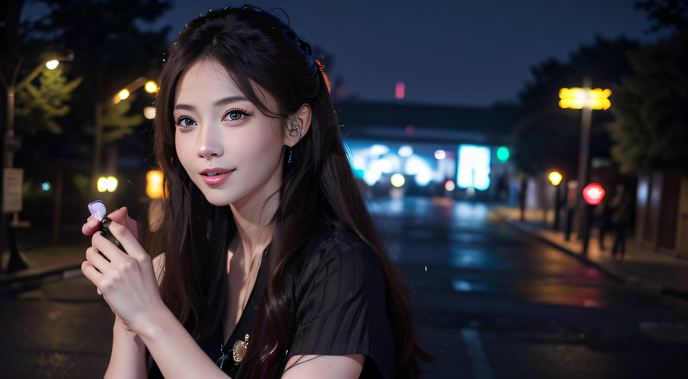 (photorealistic:1.4),(detailed eyes:1.3),(realistic, photo-realistic:1.37),(Medium view:1.5),(Half body),1girl,best quality,ultra-high res,Tokyo street,Vest,long Colour hair,waist,Smile,Slim,Night,